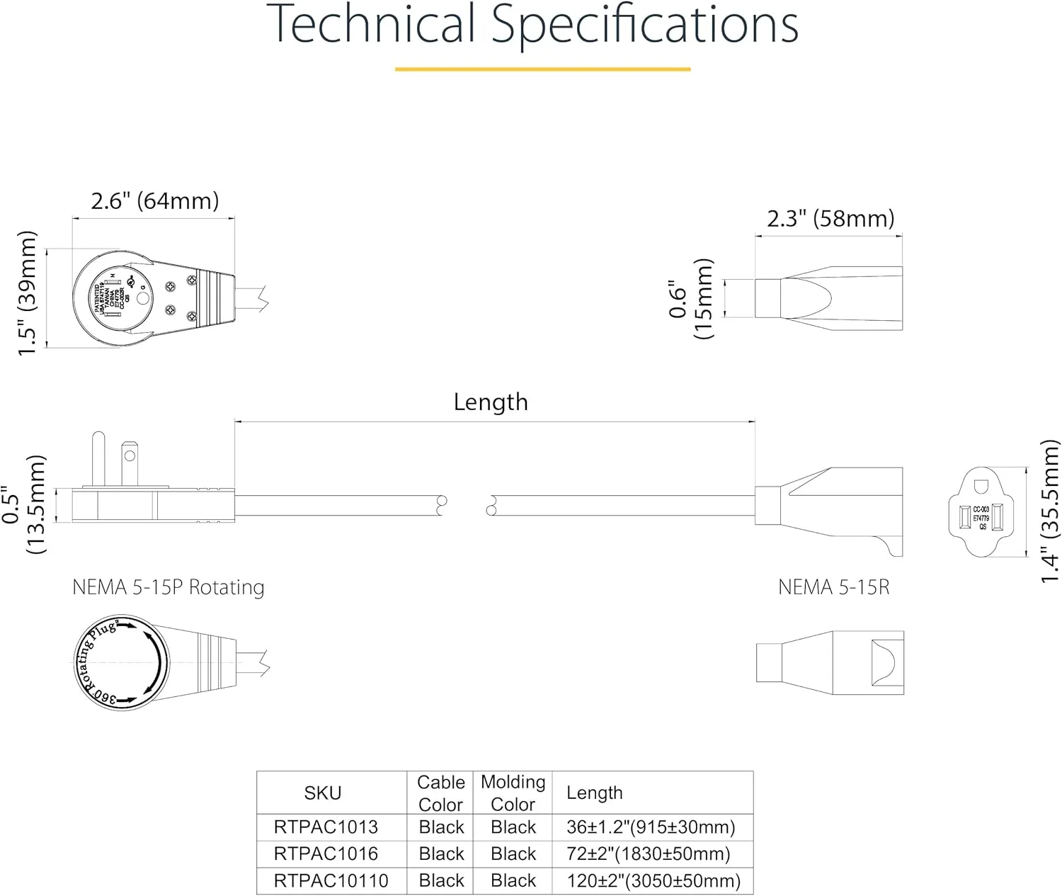 StarTech.com Power Extension Cord NEMA 5-15P to NEMA 5-15R