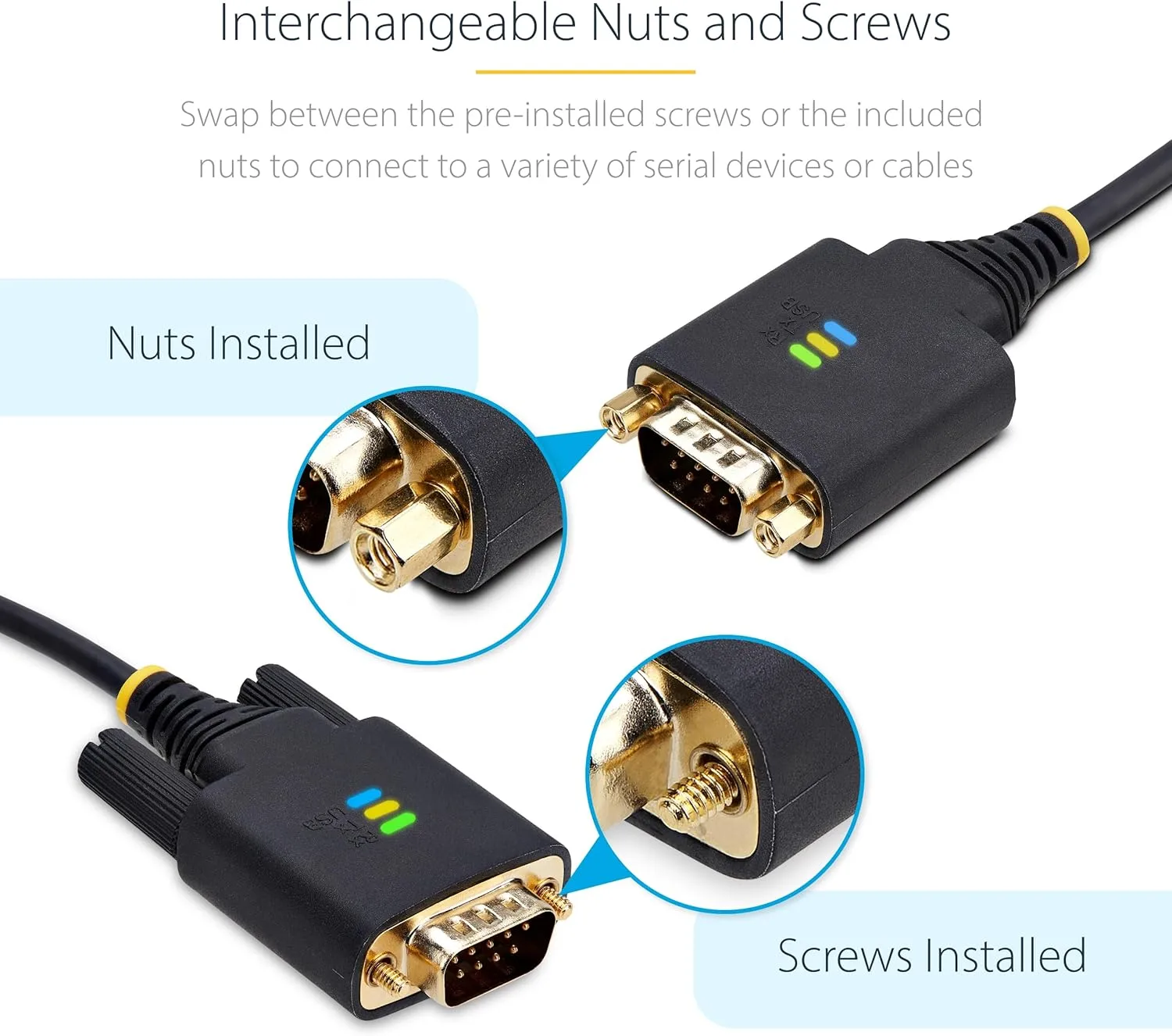 StarTech.com 10ft/3m USB to Serial Adapter Cable, COM Retention, FTDI IC, USB-A to DB9 RS232, Interchangeable DB9 Screws/Nuts