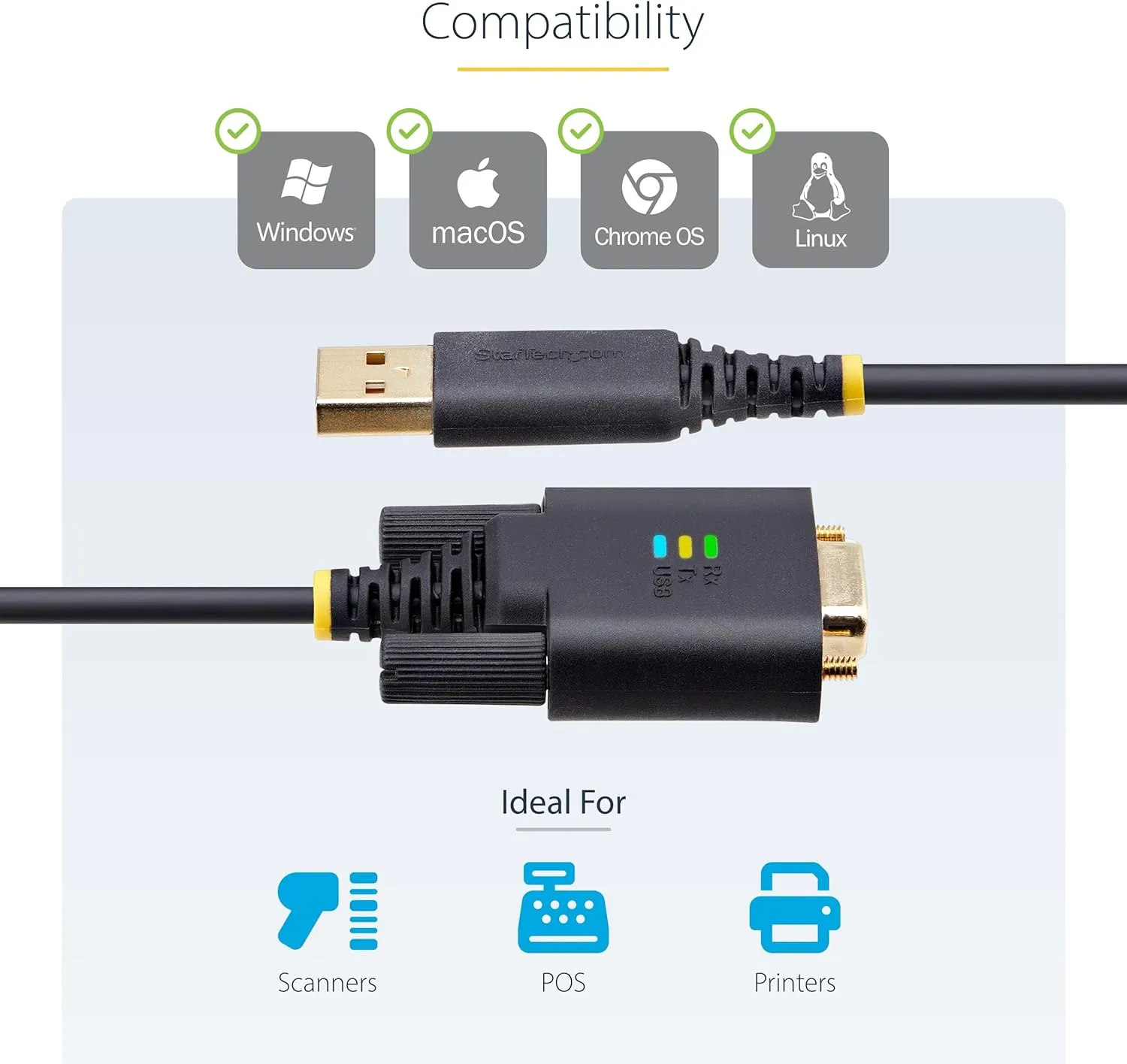 StarTech.com 10ft/3m USB to Serial Adapter Cable, COM Retention, FTDI IC, USB-A to DB9 RS232, Interchangeable DB9 Screws/Nuts