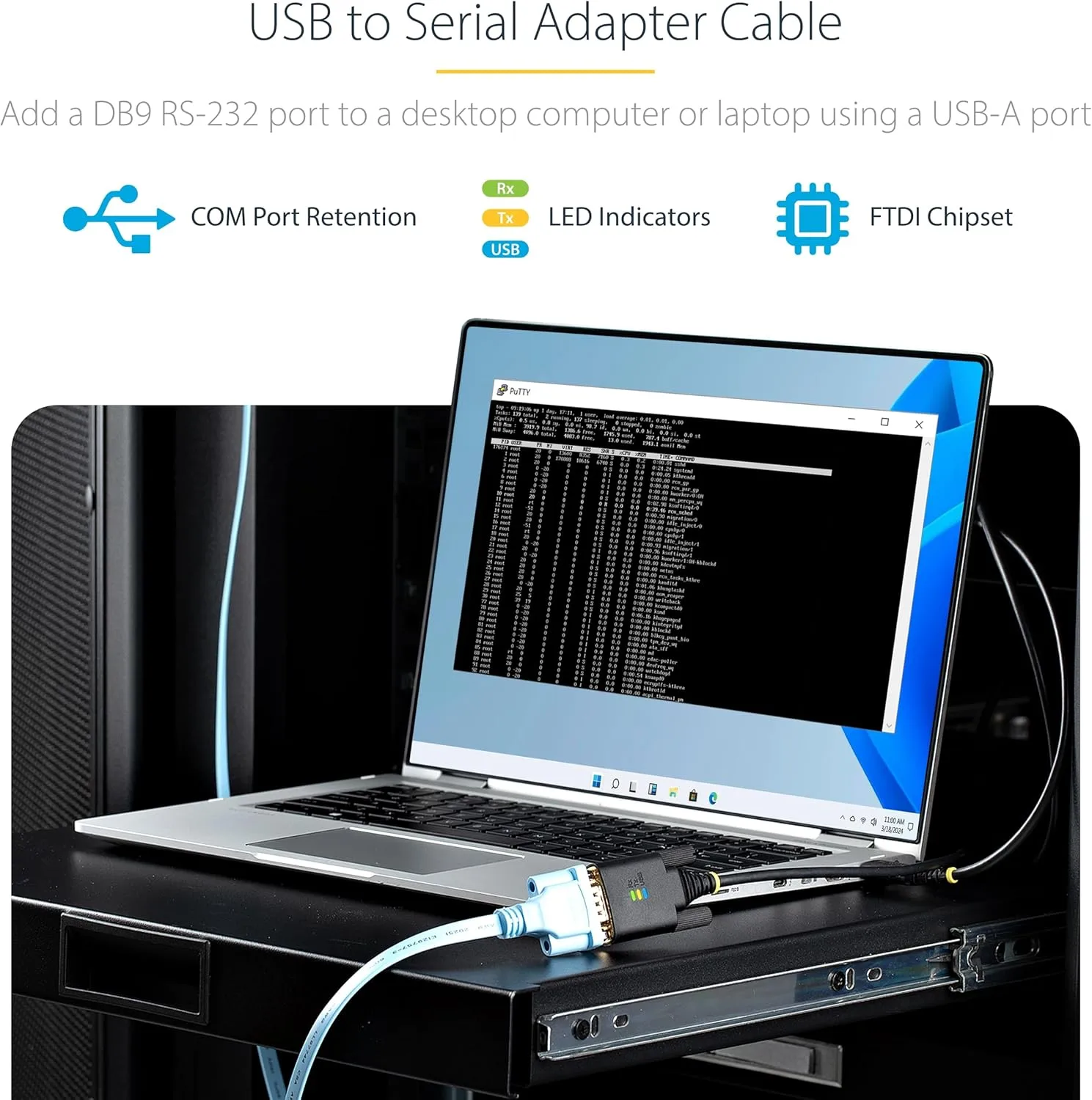 StarTech.com 10ft/3m USB to Serial Adapter Cable, COM Retention, FTDI IC, USB-A to DB9 RS232, Interchangeable DB9 Screws/Nuts