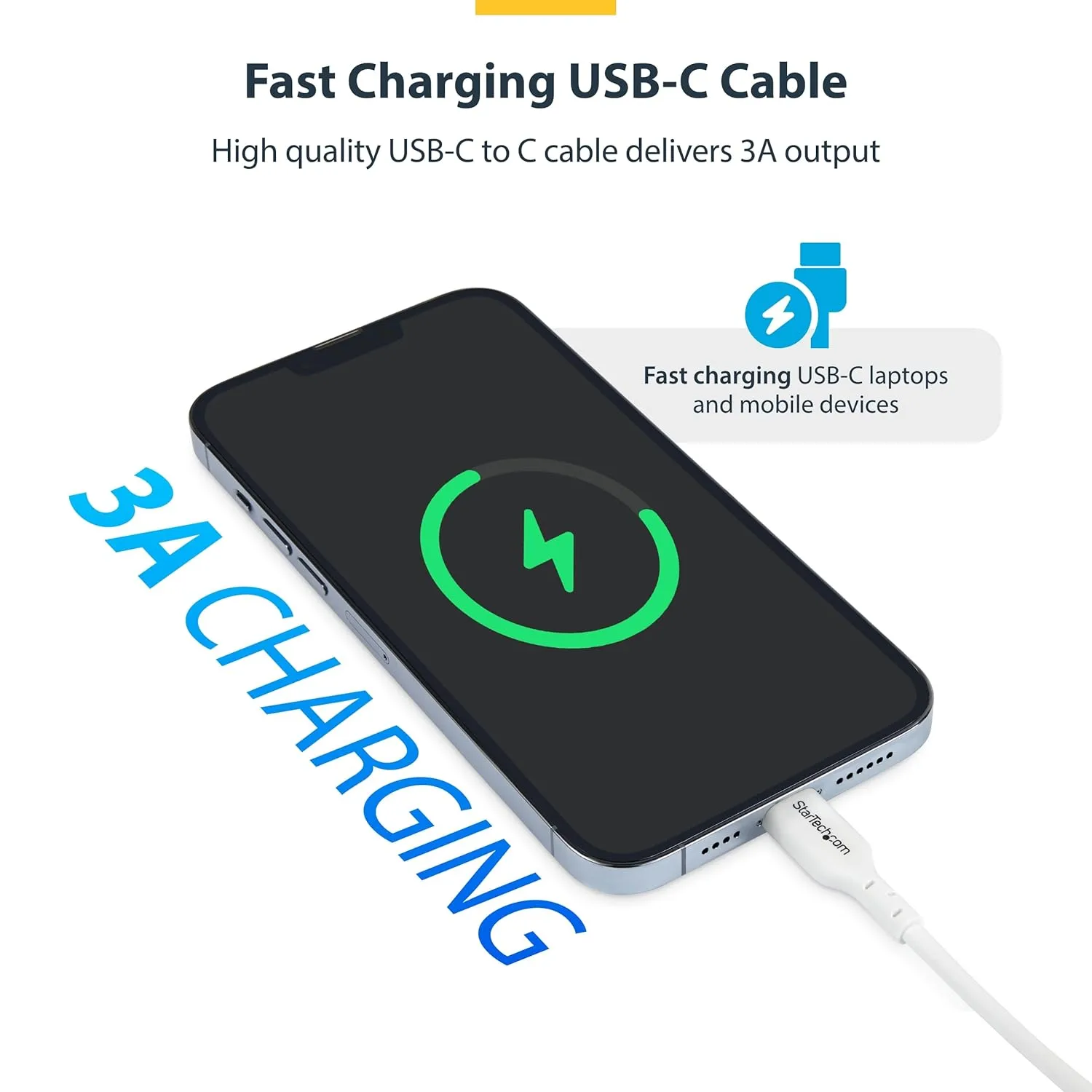 StarTech.com 1m (3.3ft) White USB-C Charging Cable, USB C Cable, USB 2.0 Type-C Laptop Charger Cord, 60W Power Delivery, M/M