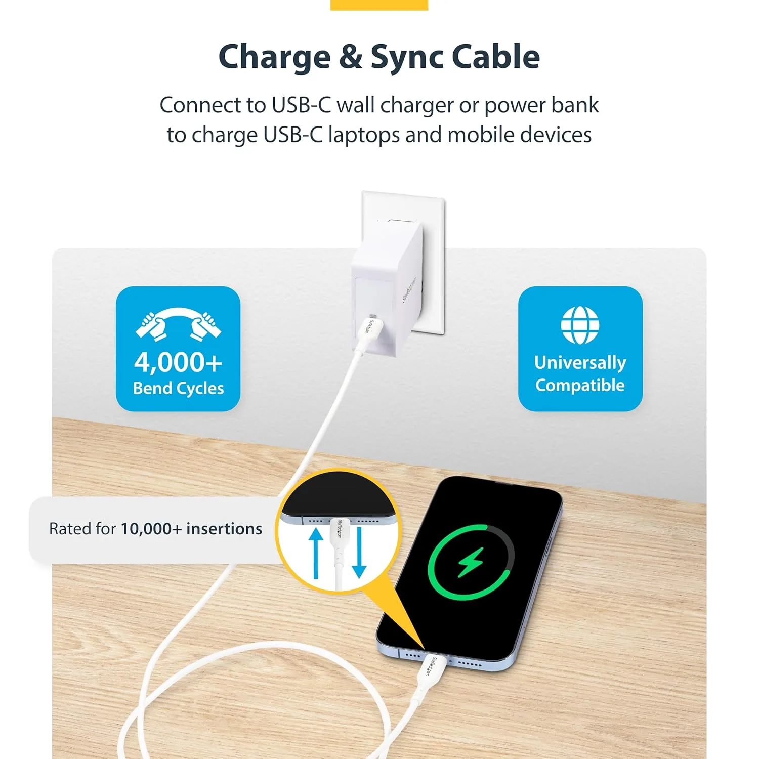 StarTech.com 1m (3.3ft) White USB-C Charging Cable, USB C Cable, USB 2.0 Type-C Laptop Charger Cord, 60W Power Delivery, M/M