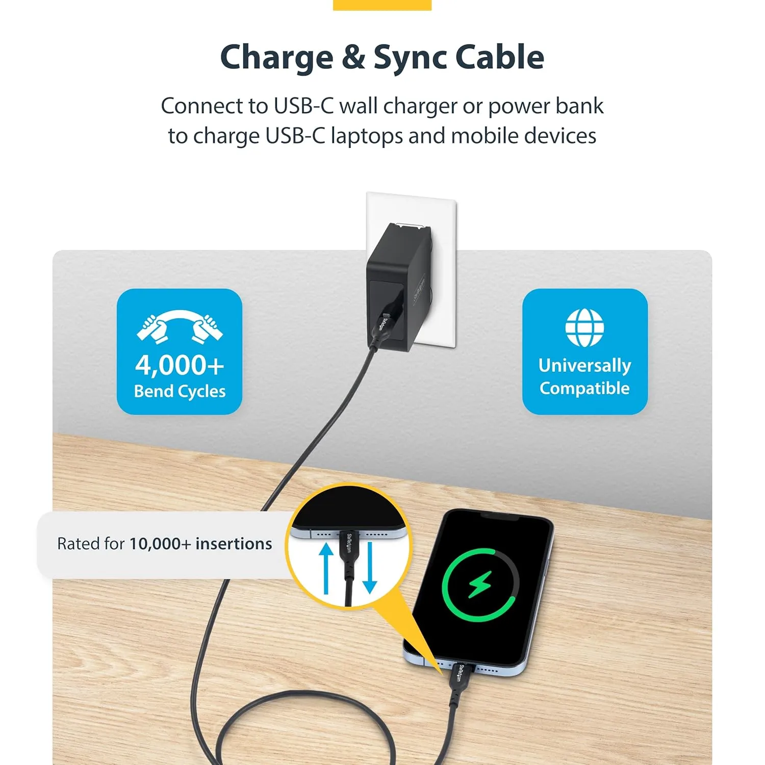 StarTech.com 3m (9.8ft) USB-C Charging Cable, USB C Cable, USB 2.0 Type-C Laptop Charger Cord, 60W 3A Power Delivery, M/M