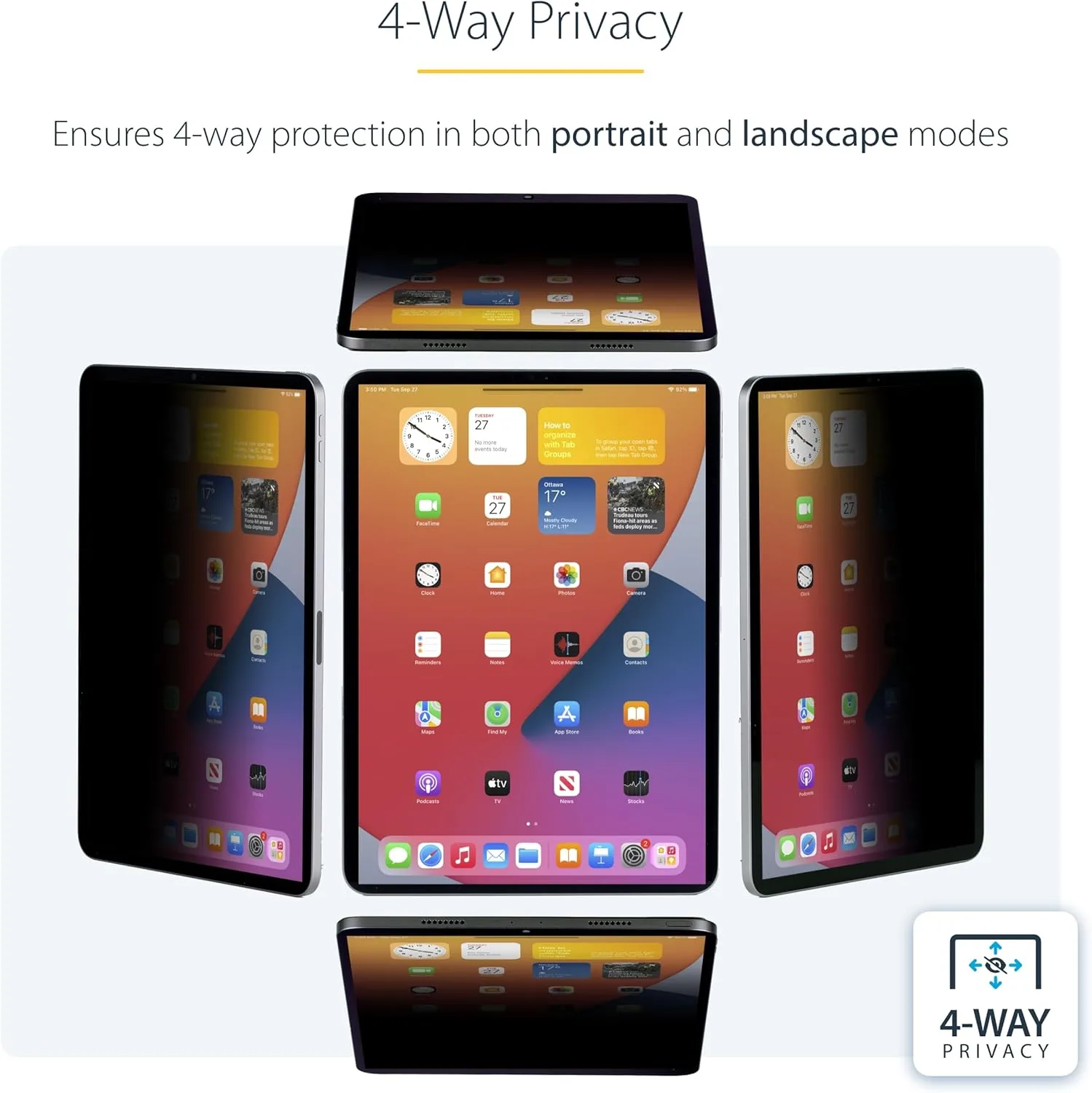 StarTech.com 4-Way Privacy Screen for iPad Pro, Portrait/Landscape, Touch-Enabled, +/- 30° View