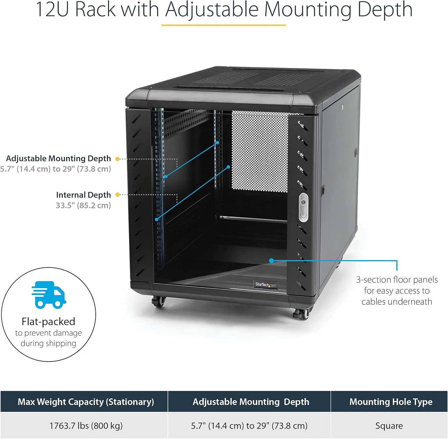 StarTech.com 12U 36in 4-Post Server Rack Cabinet with Casters, Lockable Glass Door (RK1236BKF)