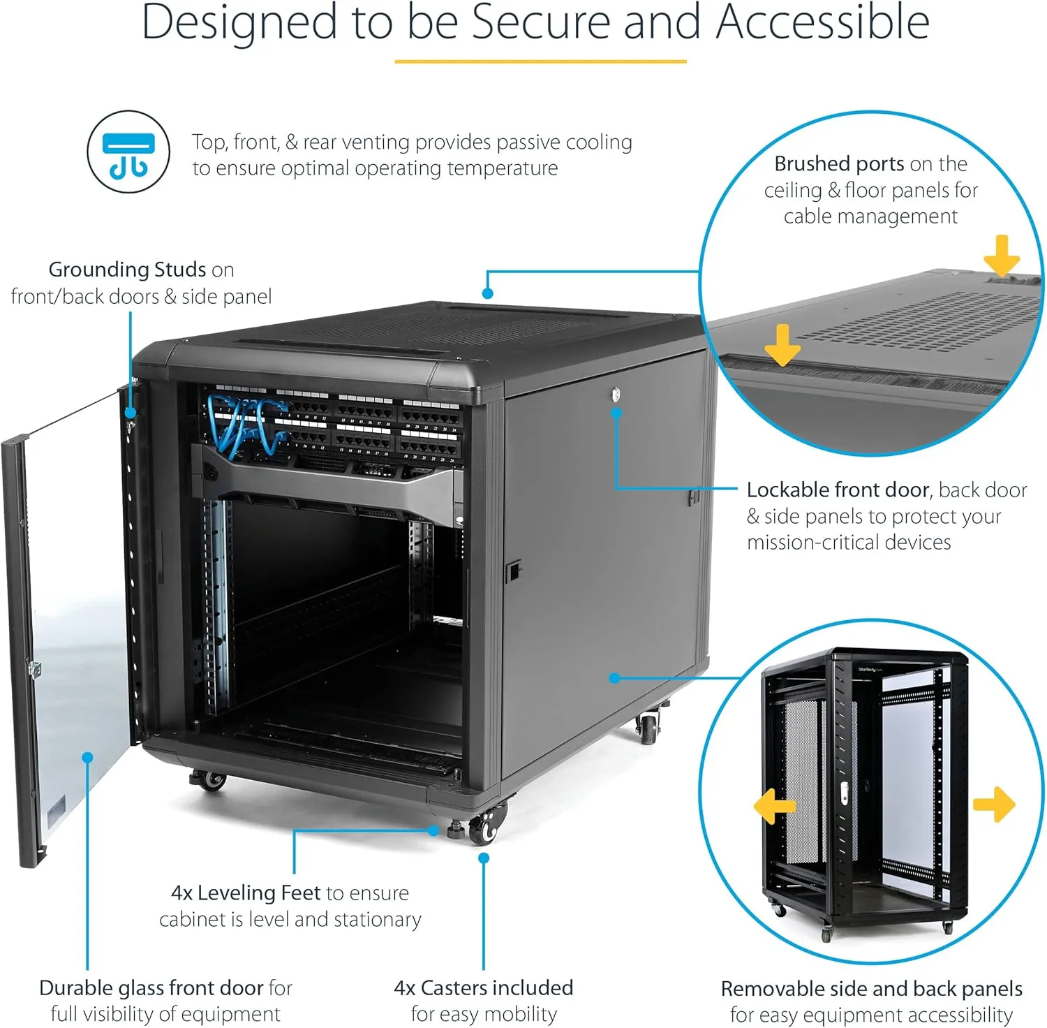 StarTech.com 12U 36in 4-Post Server Rack Cabinet with Casters, Lockable Glass Door (RK1236BKF)