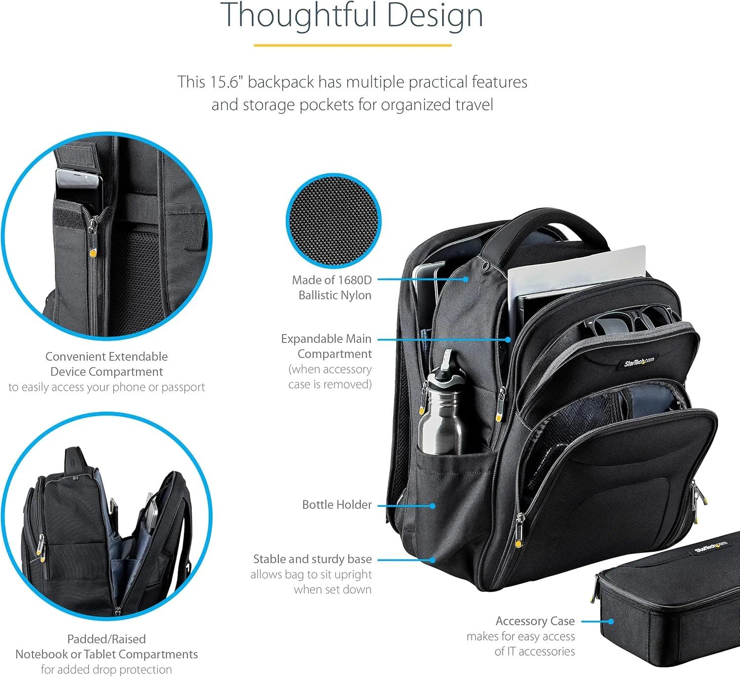 StarTech.com Unisex Backpack Ergonomic Computer Bag with Removable Accessories Case - 1680D Ballistic Nylon, Black