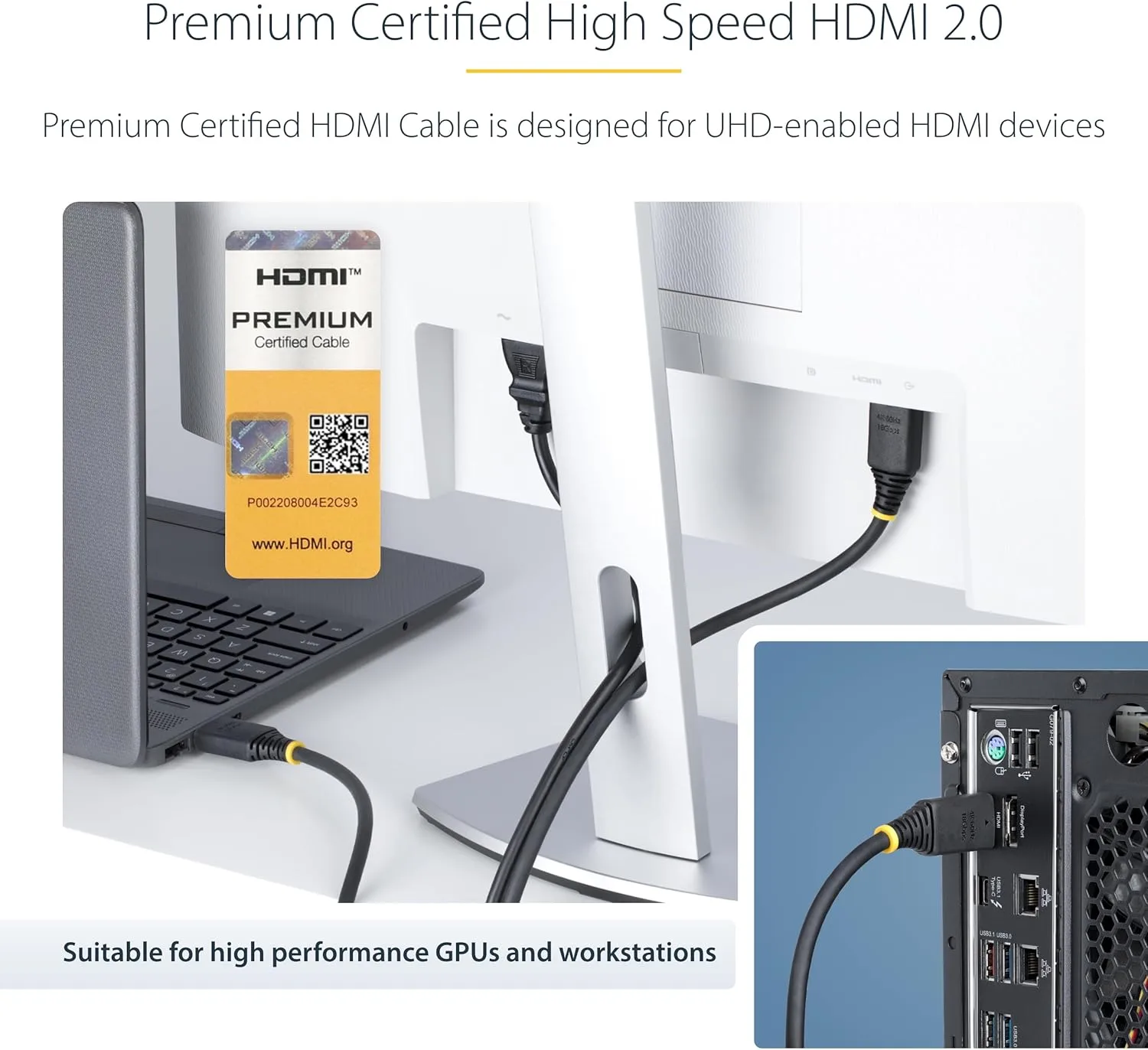 StarTech.com 2m (6.6ft) Premium Certified High Speed HDMI Cable, 4K 60Hz/1440p 144Hz, 18Gbps, UHD HDMI 2.0 Cord, TPE Jacket
