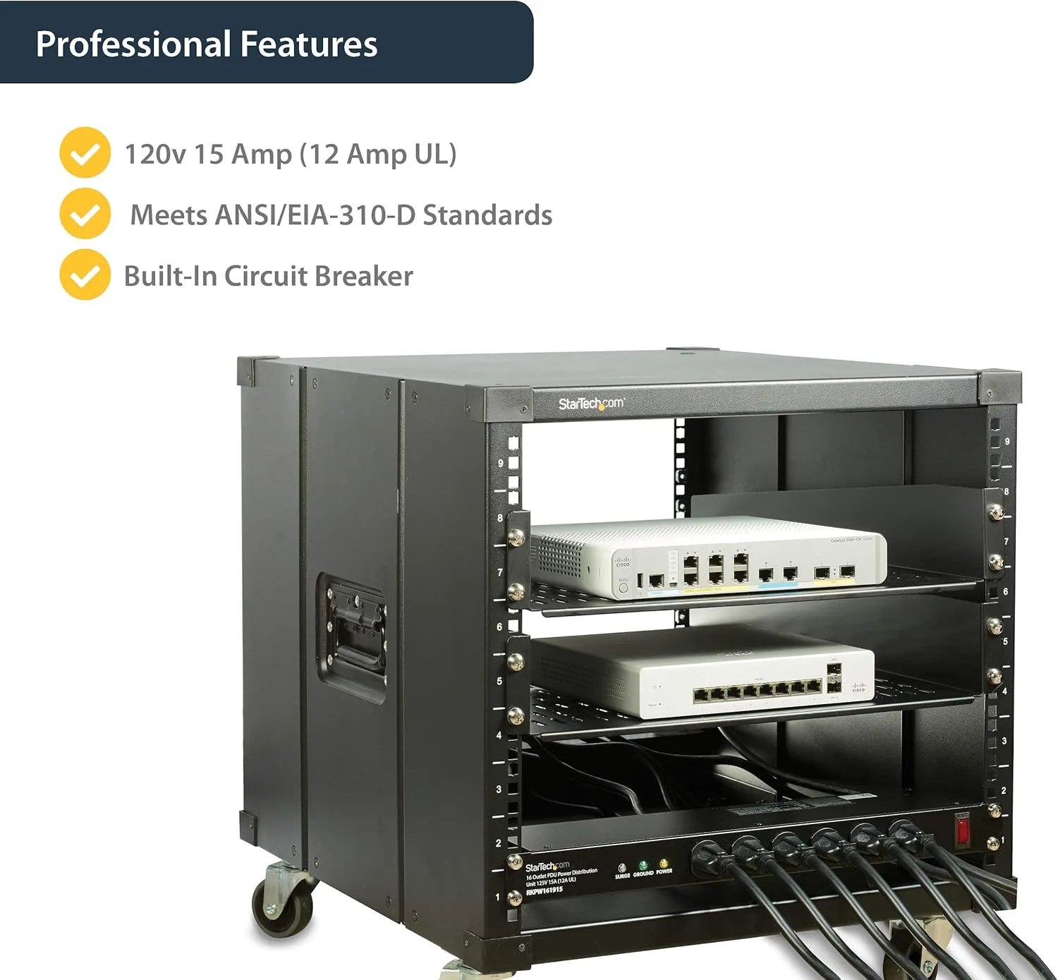 StarTech.com 16 Outlet Horizontal 1U Rack Mount PDU Power Strip for Network Server Racks - Surge Protection - 120V/15A