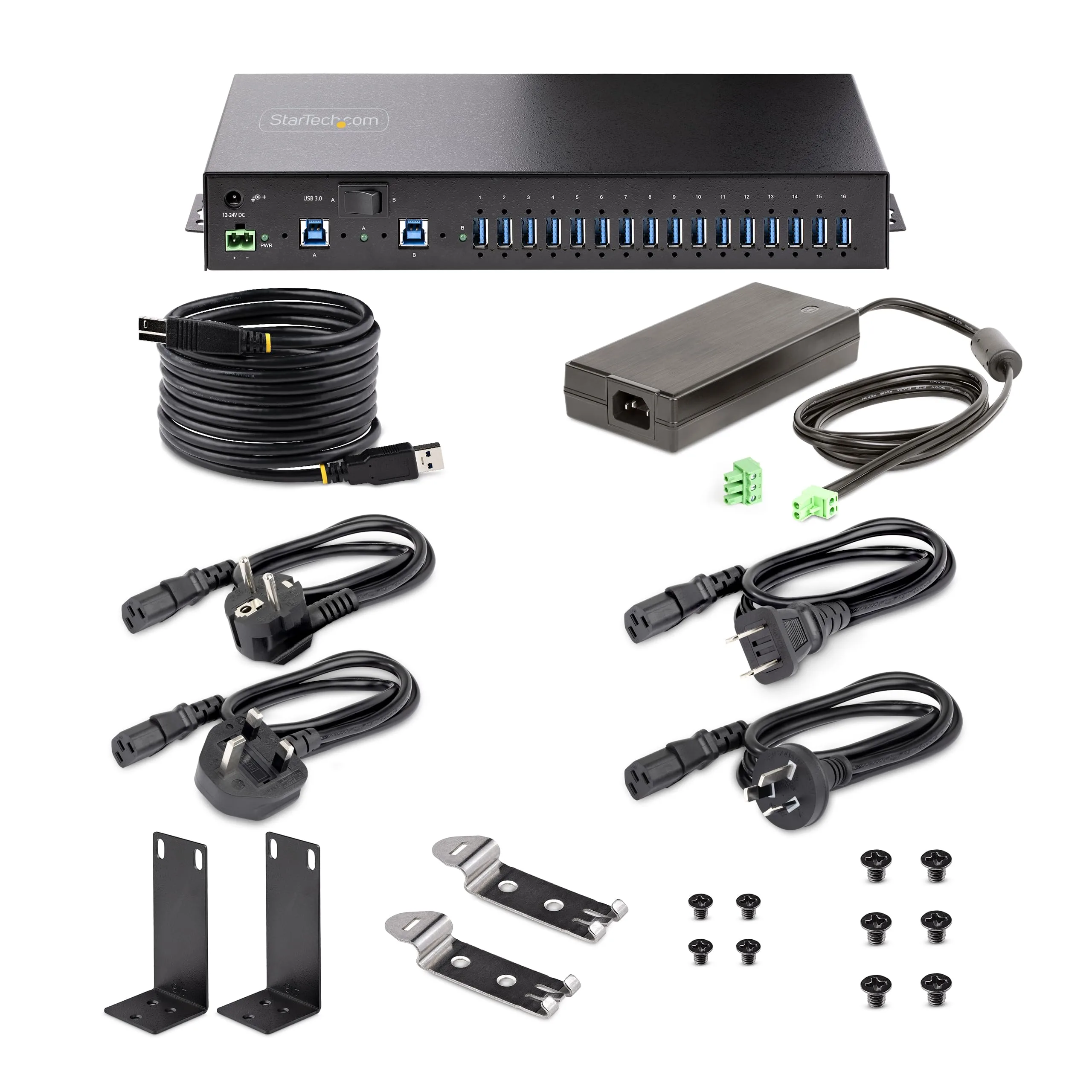 StarTech.com 16-Port Industrial USB 5Gbps Hub with Power Adapter, Metal, DIN/Surface/Rack Mountable, Dual-Host Hub/Switch, TAA