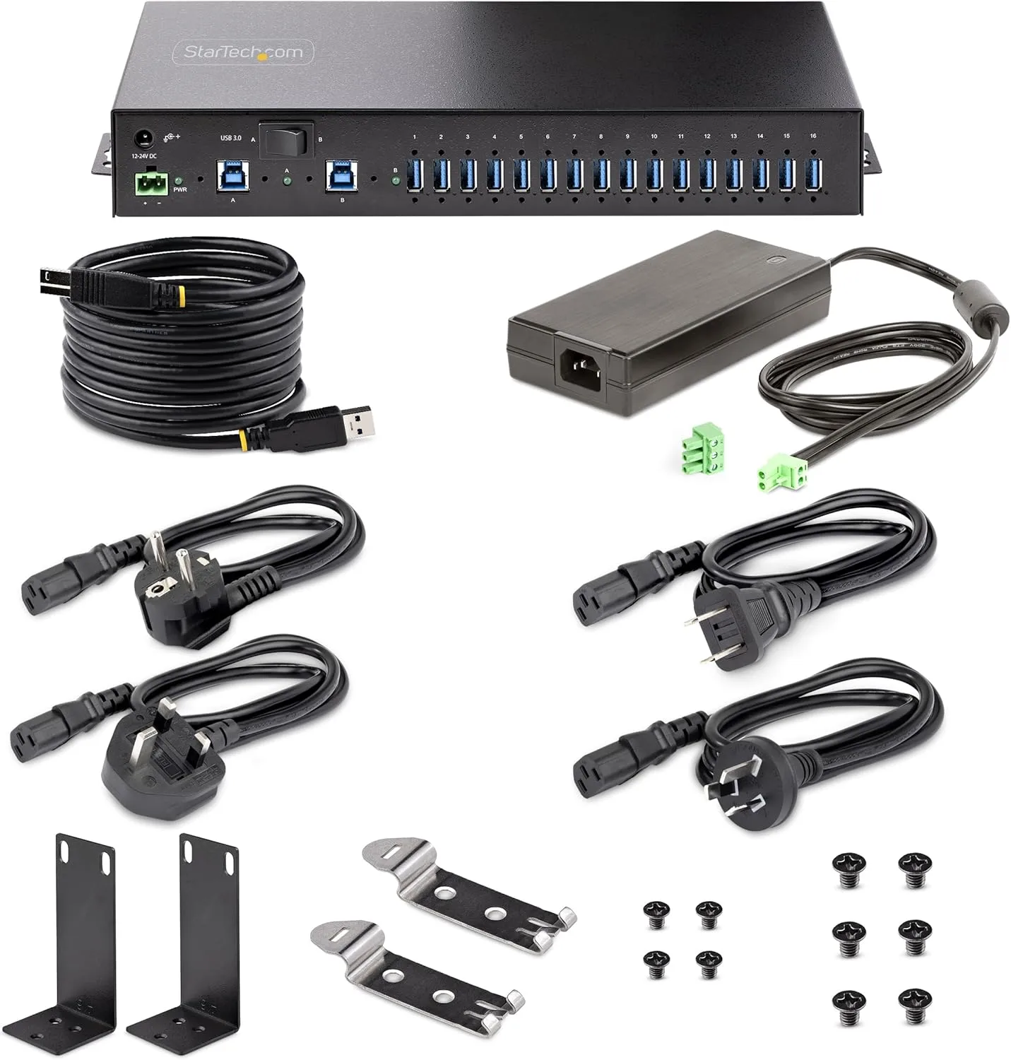 StarTech.com 16-Port Industrial USB 5Gbps Hub with Power Adapter, Metal, DIN/Surface/Rack Mountable, Dual-Host Hub/Switch, TAA