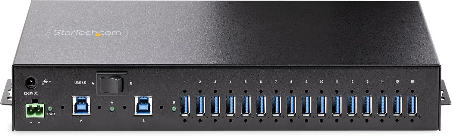StarTech.com 16-Port Industrial USB 5Gbps Hub with Power Adapter, Metal, DIN/Surface/Rack Mountable, Dual-Host Hub/Switch, TAA