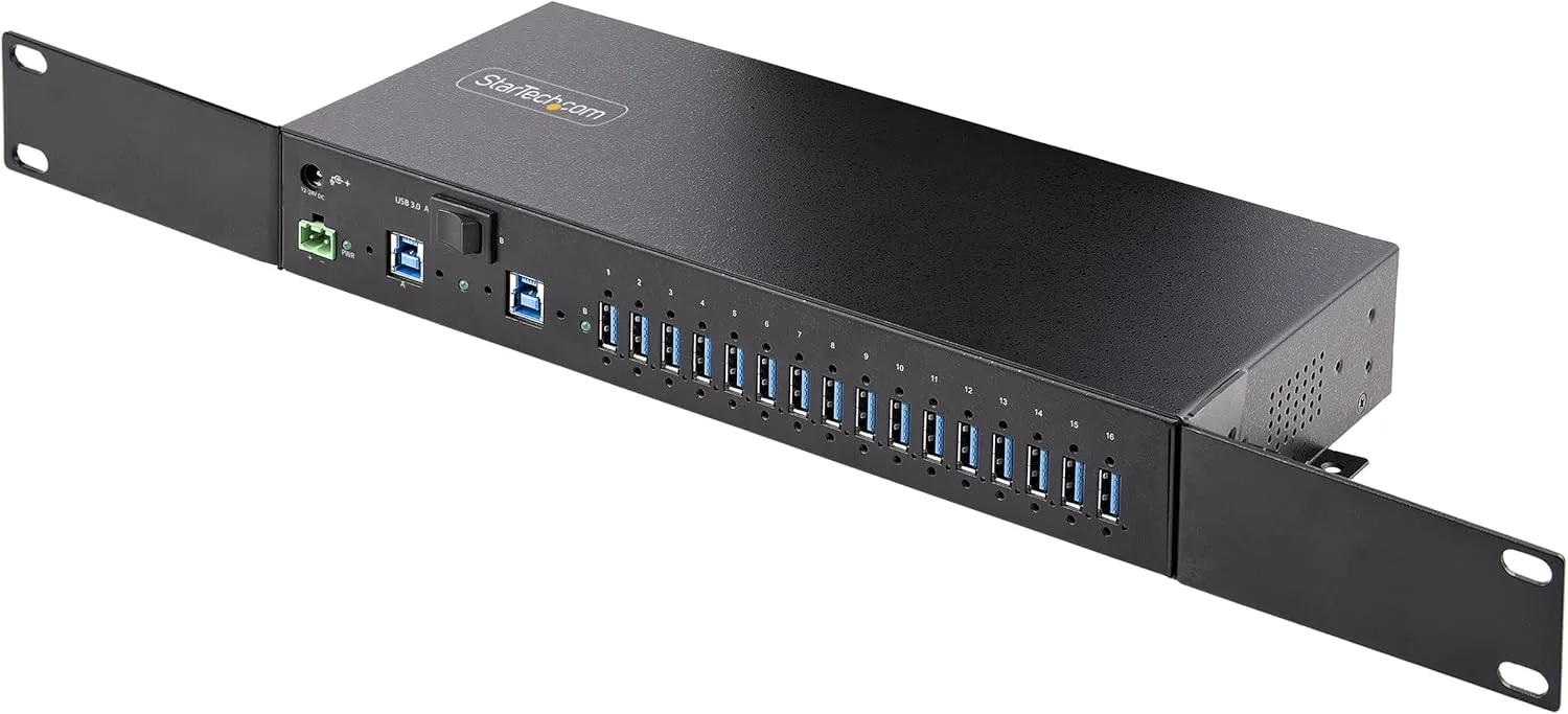 StarTech.com 16-Port Industrial USB 5Gbps Hub with Power Adapter, Metal, DIN/Surface/Rack Mountable, Dual-Host Hub/Switch, TAA