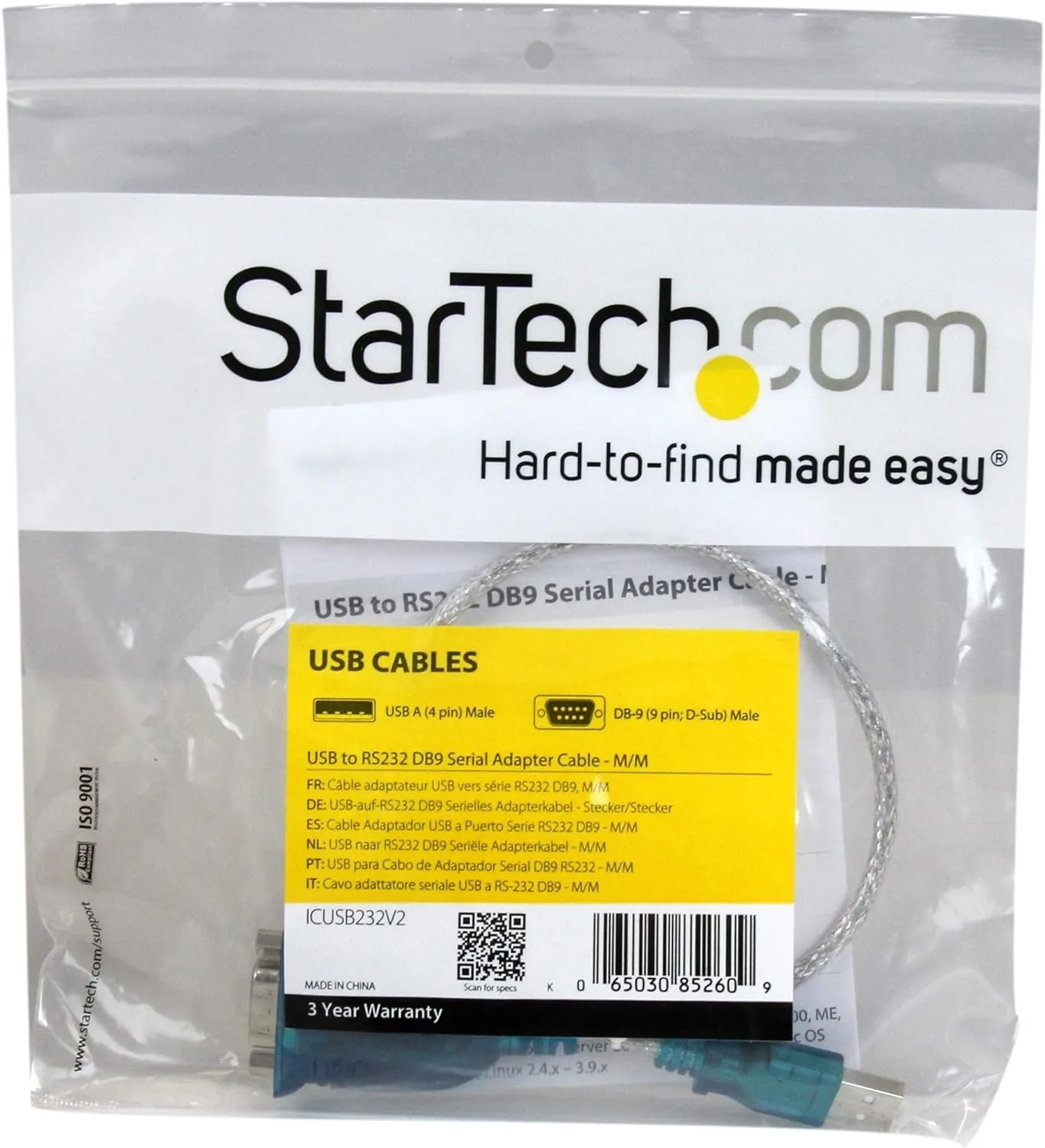 StarTech.com 17in (43cm) 1-Port USB to RS232 DB9 Serial Adapter Cable, USB to Serial Adapter Cable - M/M