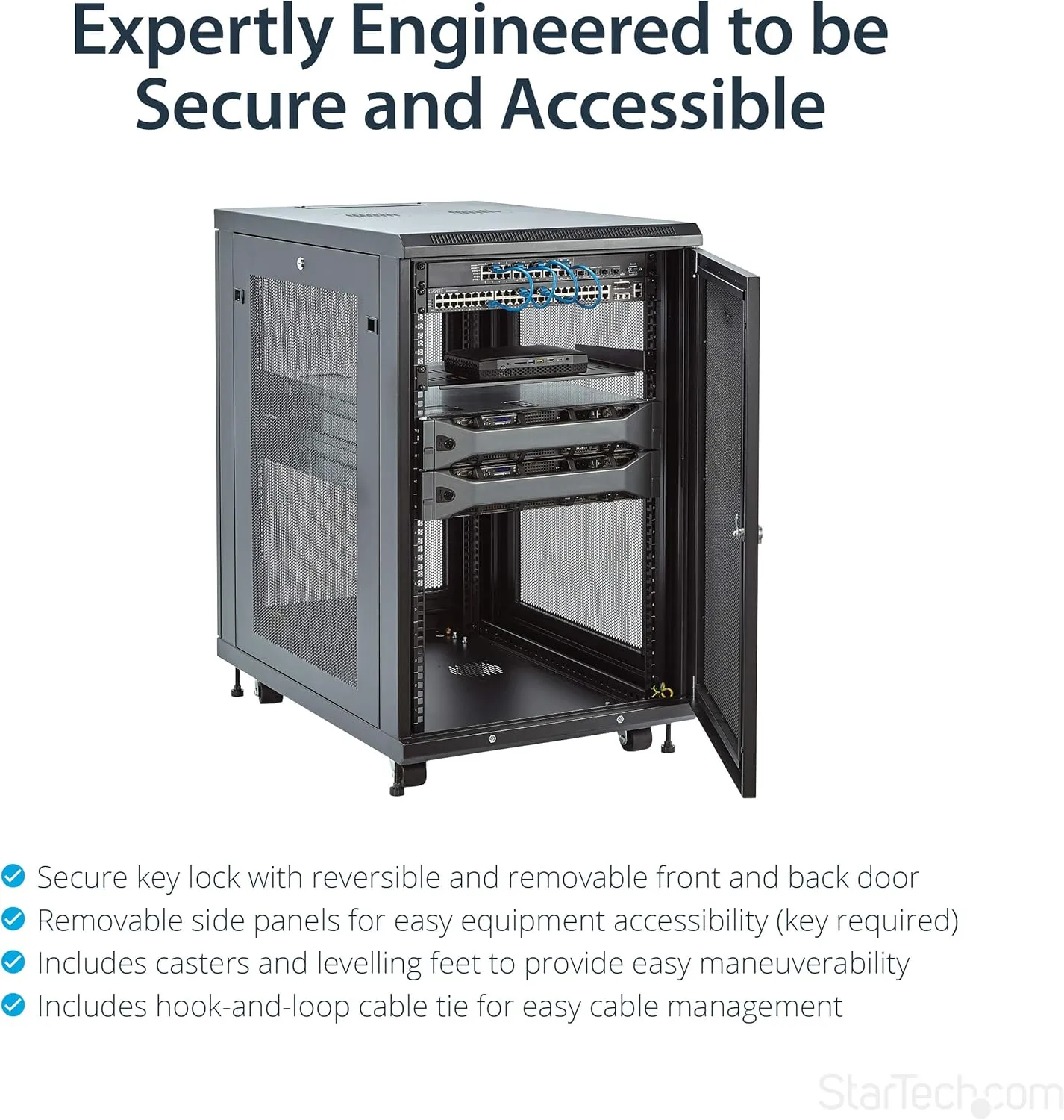 StarTech 4-Post 19" Server Rack Cabinet with Adjustable Mounting Rails and Locking Mesh Doors