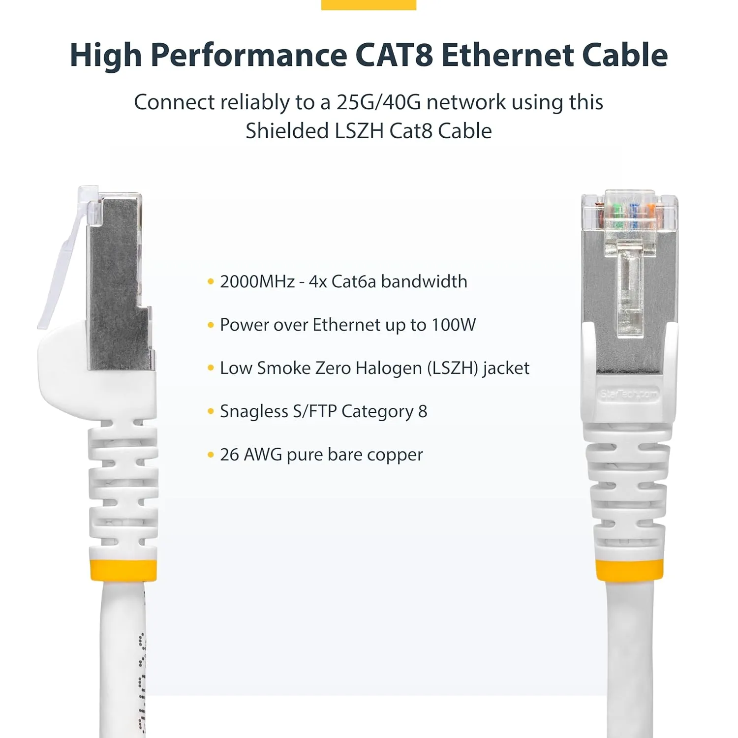 StarTech.com 6in White CAT8 Ethernet Cable, Snagless RJ45, 25G/40G, 2000MHz, 100W PoE++, S/FTP, 26AWG Pure Bare Copper, LSZH