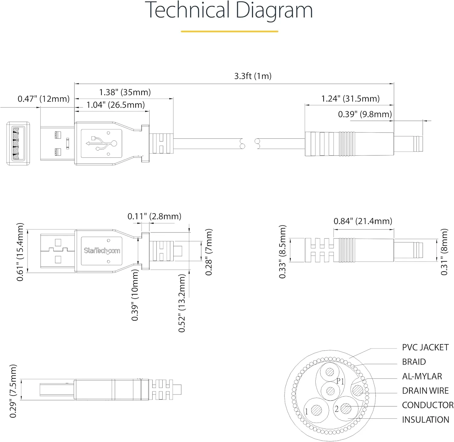 StarTech.com USB-A to Coaxial Barrel 5V Power Cable
