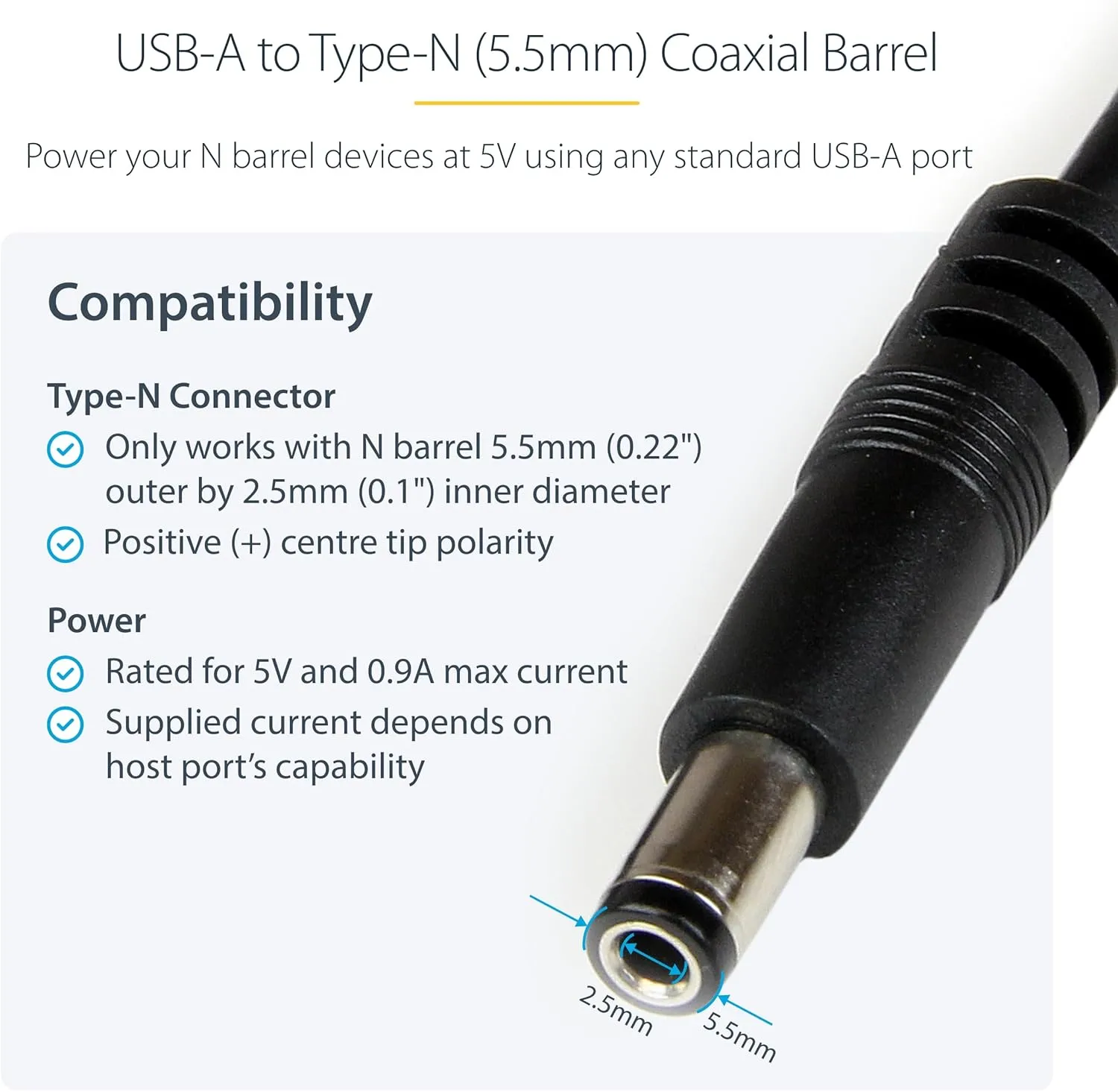 StarTech.com USB-A to Coaxial Barrel 5V Power Cable