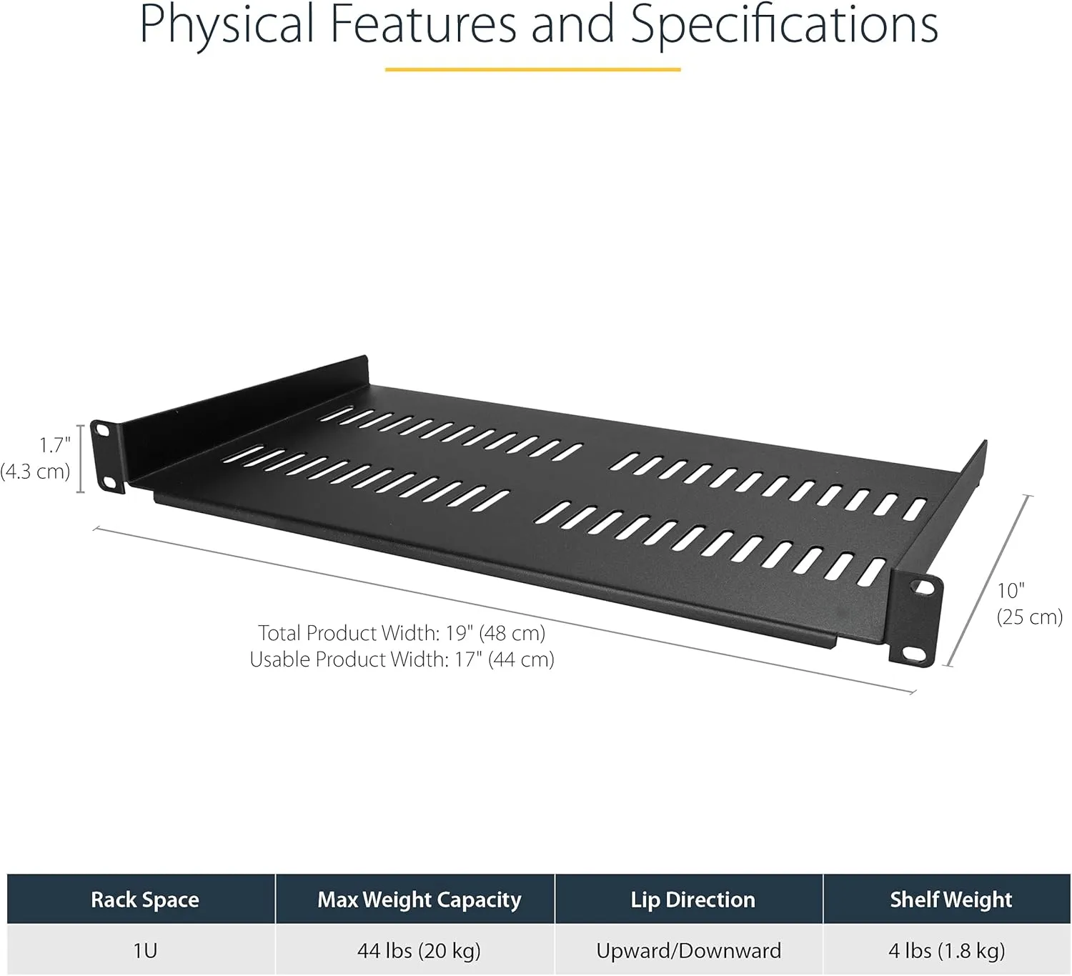StarTech.com 1U Vented Server Rack Cabinet Shelf - Fixed 10in Deep Cantilever Rackmount Tray for 19in Data/AV/Network