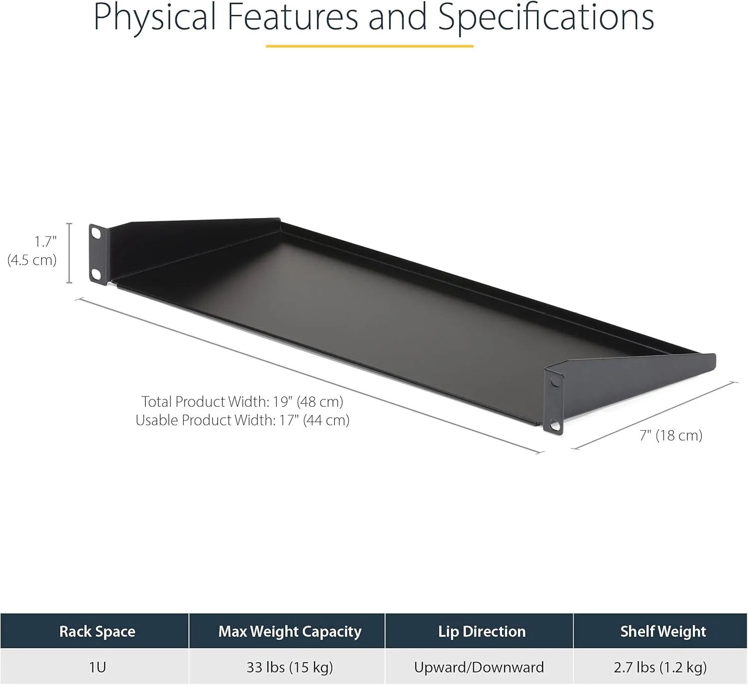 StarTech.com Universal Server Rack Shelf - Fixed Cantilever Tray for 19in Racks