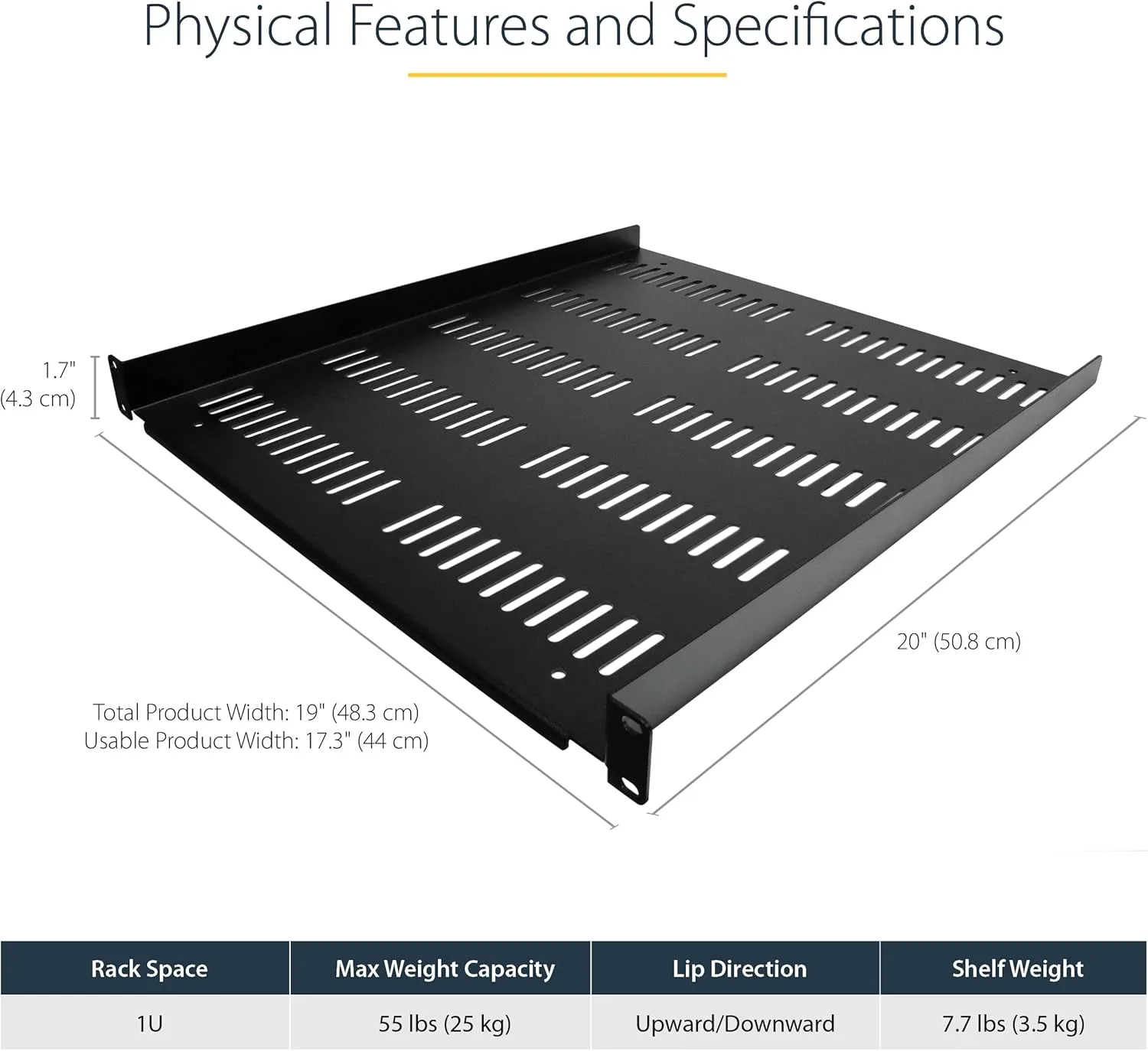 StarTech.com 1U Vented Server Rack Shelf — 20" Deep Cantilever Tray, 55 lb Capacity