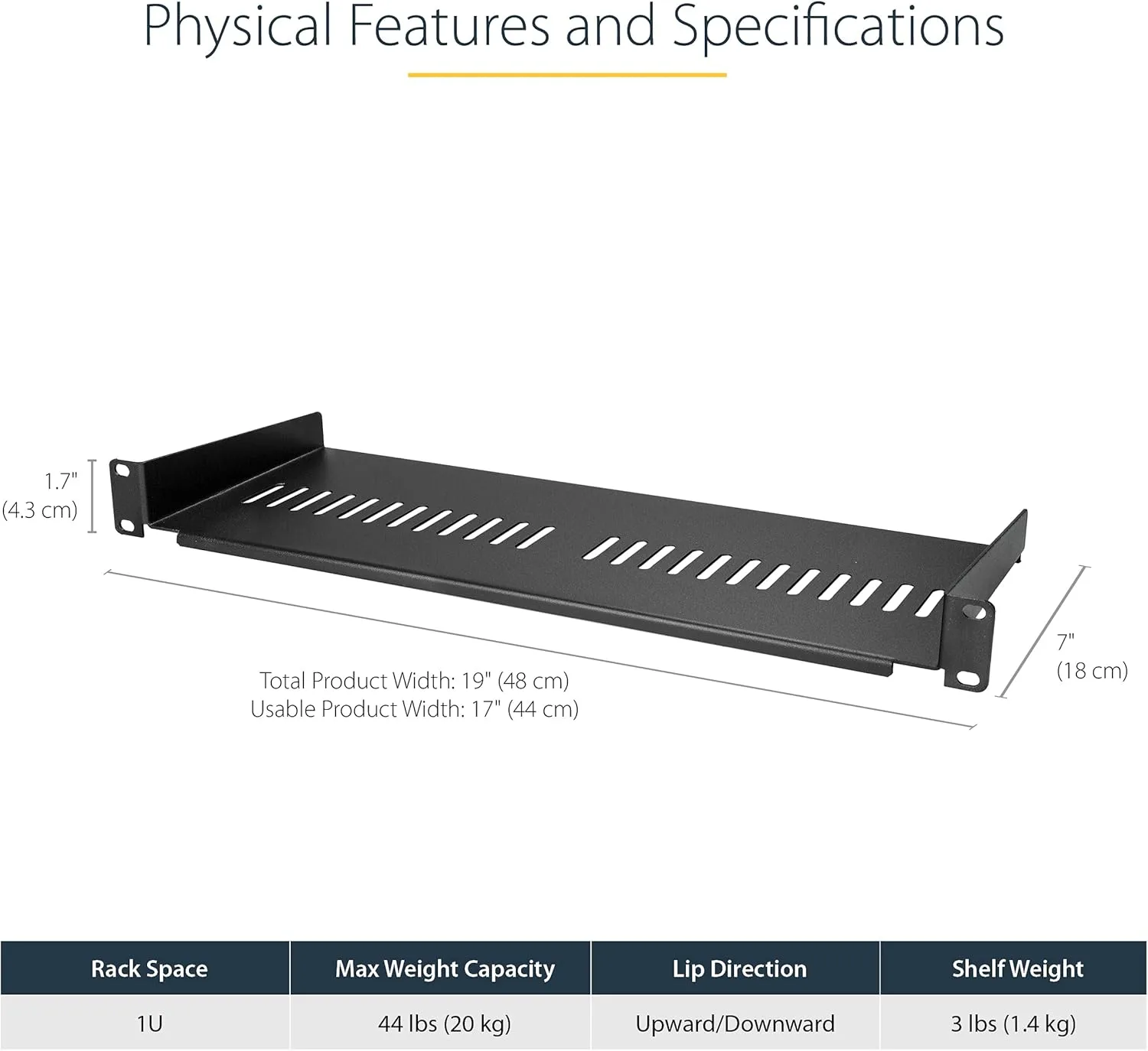 StarTech.com 1U Server Rack Shelf - Universal Vented Cantilever 7in Deep (CABSHELF1U7V)