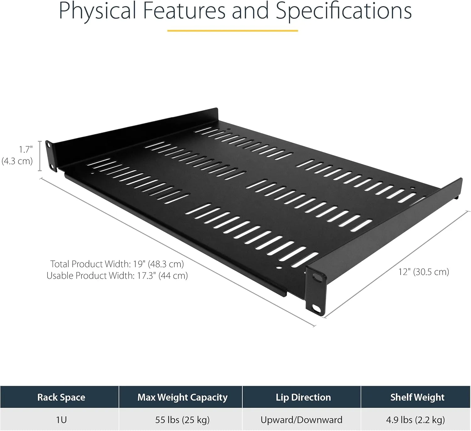 StarTech.com 1U Server Rack Shelf - Universal Vented Rack Mount Cantilever Tray for 19" Network Equipment Rack & Cabinet