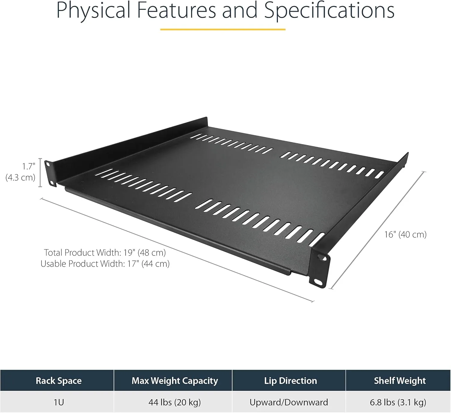 StarTech.com 2-Pack 1U Server Rack Shelf, Vented Rack Mount Cantilever Shelf, Heavy-Duty Steel, 44lb/20kg Capacity, 16" Deep