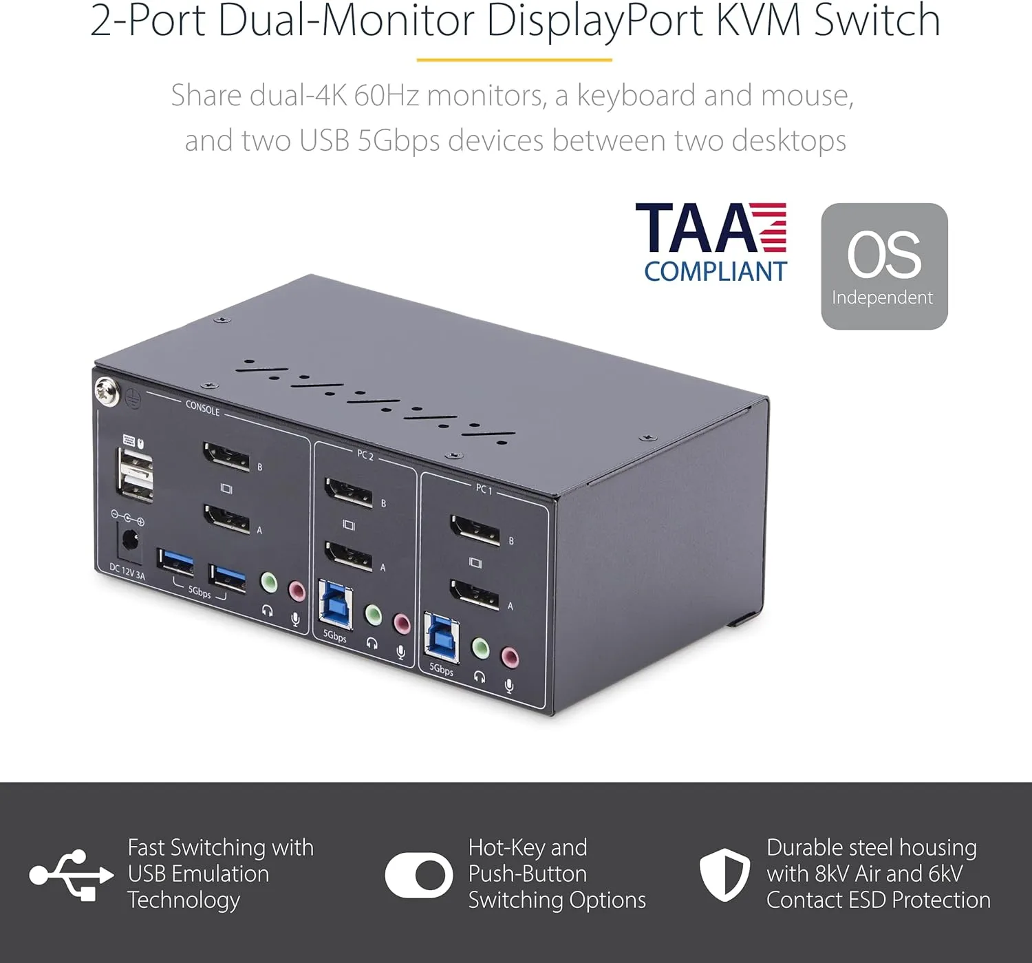 StarTech.com 2-Port Dual-Monitor DisplayPort KVM Switch, 4K 60Hz, 2X USB 5Gbps Hub Ports, 2X USB 2.0 HID Ports, Hotkey and Push-Button Switching, TAA Compliant (P2DD46A2-KVM-SWITCH)