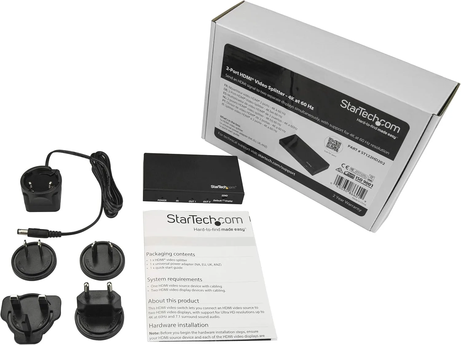 StarTech.com 2 Port HDMI Splitter - 4K 60Hz - 1x2 Way HDMI 2.0 Splitter - HDR - ST122HD202