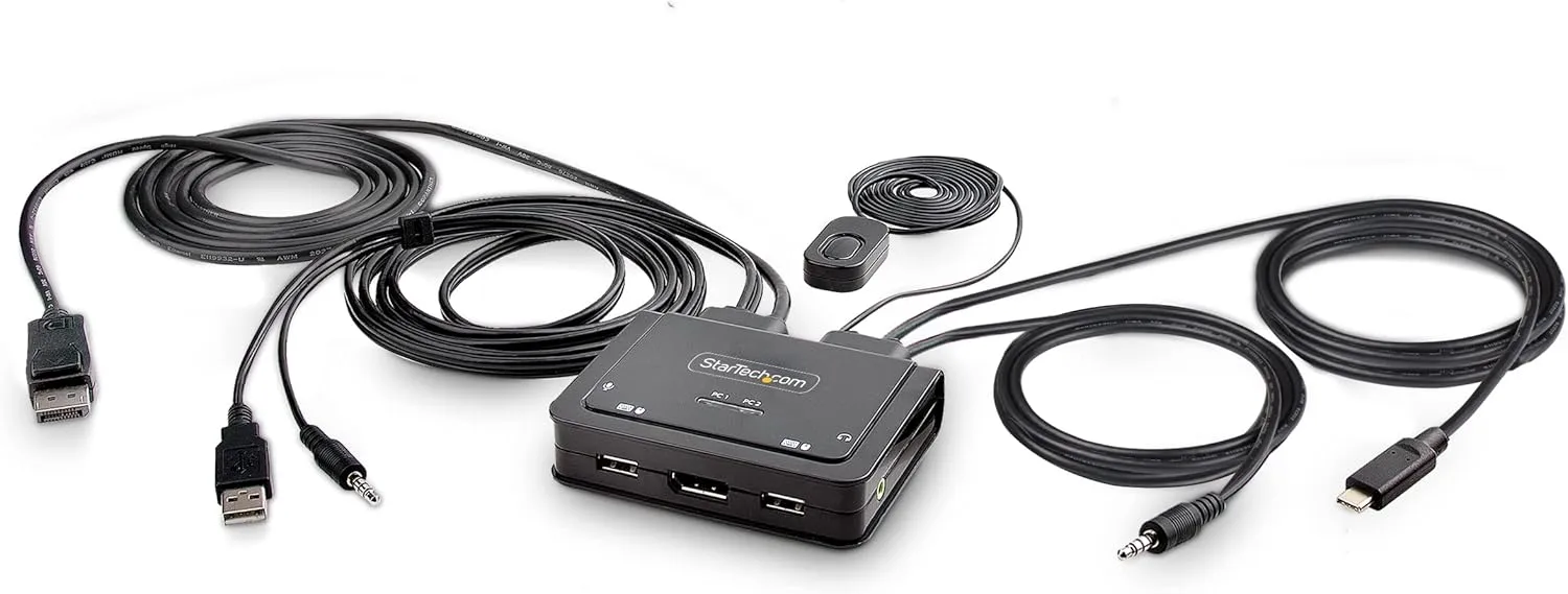 StarTech.com 2-Port Hybrid USB-C DisplayPort Cable KVM Switch, 4K 60Hz, Compact KVM with 6ft/1.8m USB-A/DP/Audio & 4ft/1.2m USB-C Integrated Cables, Bus Powered, Hotkey Switching (C2-D46-UAC-CBL-KVM)