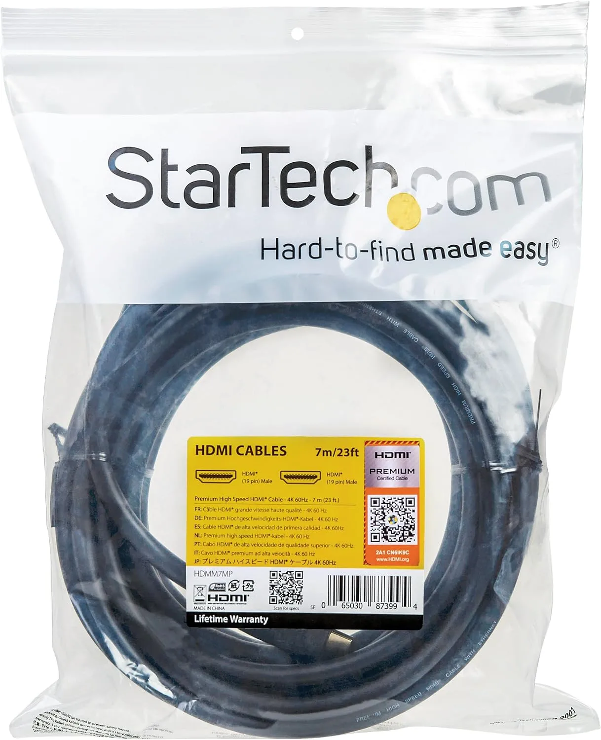 StarTech.com 23ft (7m) Premium Certified HDMI 2.0 Cable with Ethernet - High Speed Ultra HD 4K 60Hz HDMI Cable HDR10
