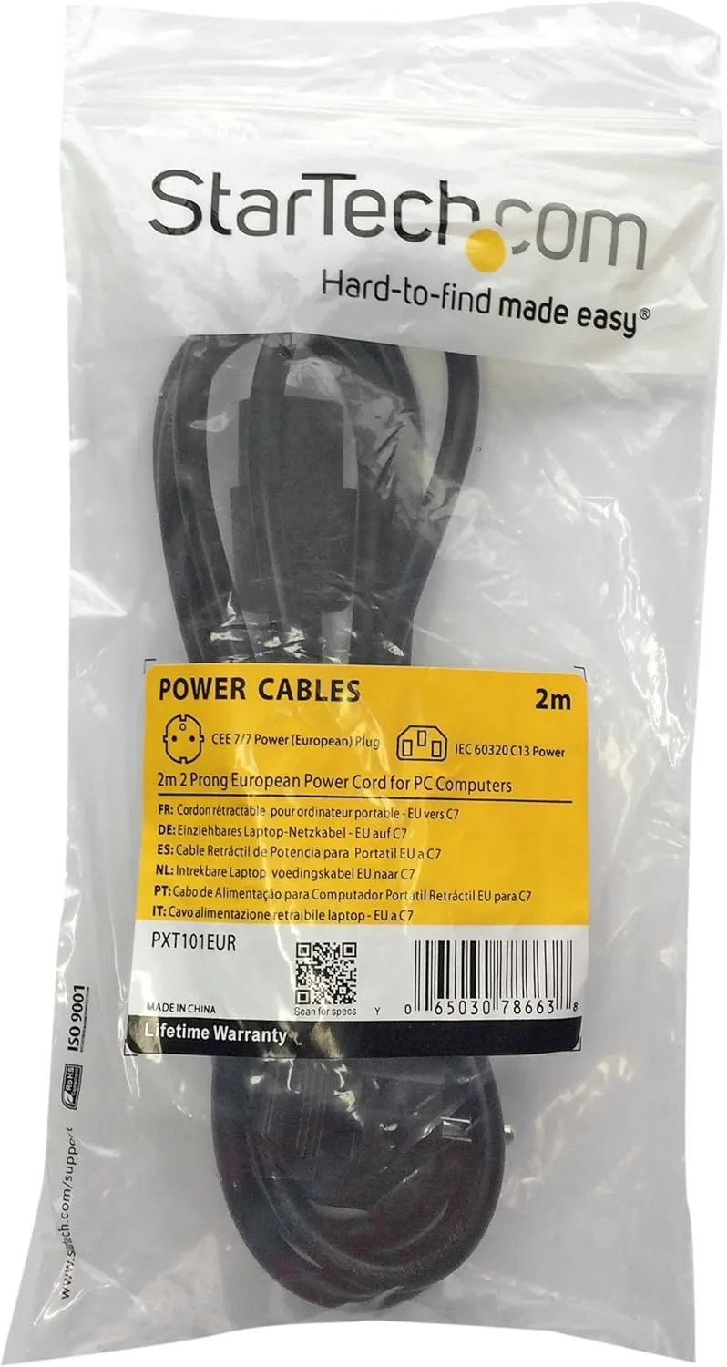 StarTech.com 2m (6ft) Computer Power Cord, 18AWG, EU Schuko To C13, 10A 250V, Black Replacement AC Power Cord