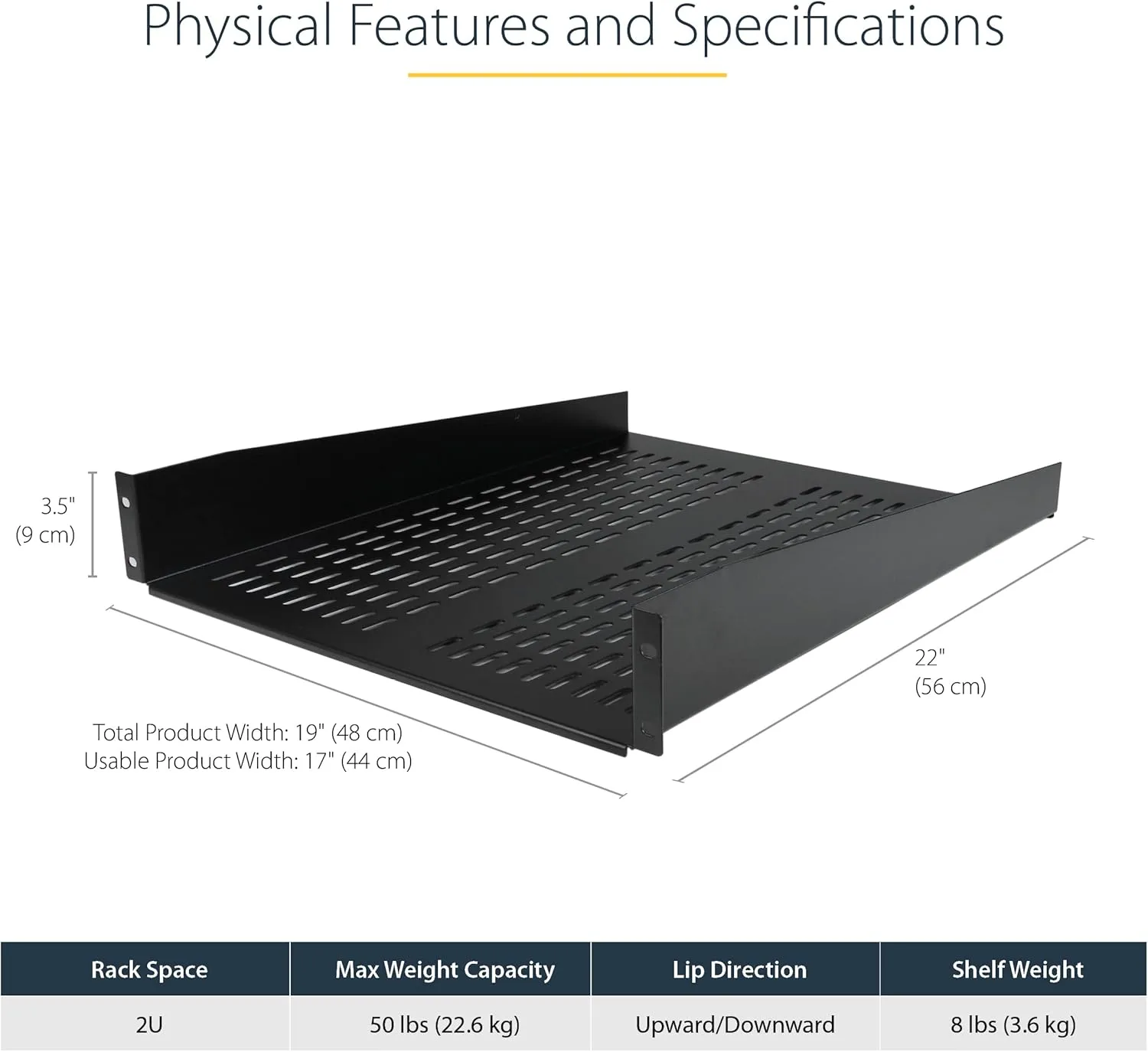 StarTech.com 2U Server Rack Shelf - Universal Vented Rack Mount Cantilever Tray for 19" Network Equipment Rack - 50LB/23KG