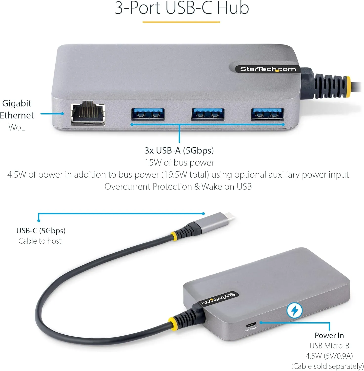 StarTech.com 3-Port USB-C Hub with Ethernet - 3X USB-A Ports, Gigabit Ethernet RJ45, USB 3.0 5Gbps, Bus-Powered