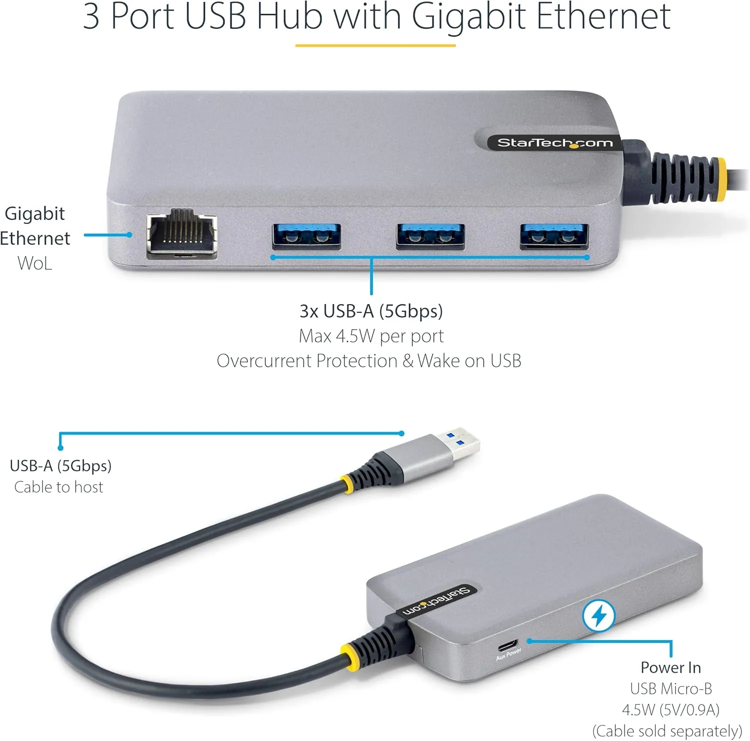 StarTech.com 3-Port USB Hub with Ethernet - 3X USB-A Ports - Gigabit Ethernet (RJ-45) - USB 3.0 5Gbps - Bus-Powered