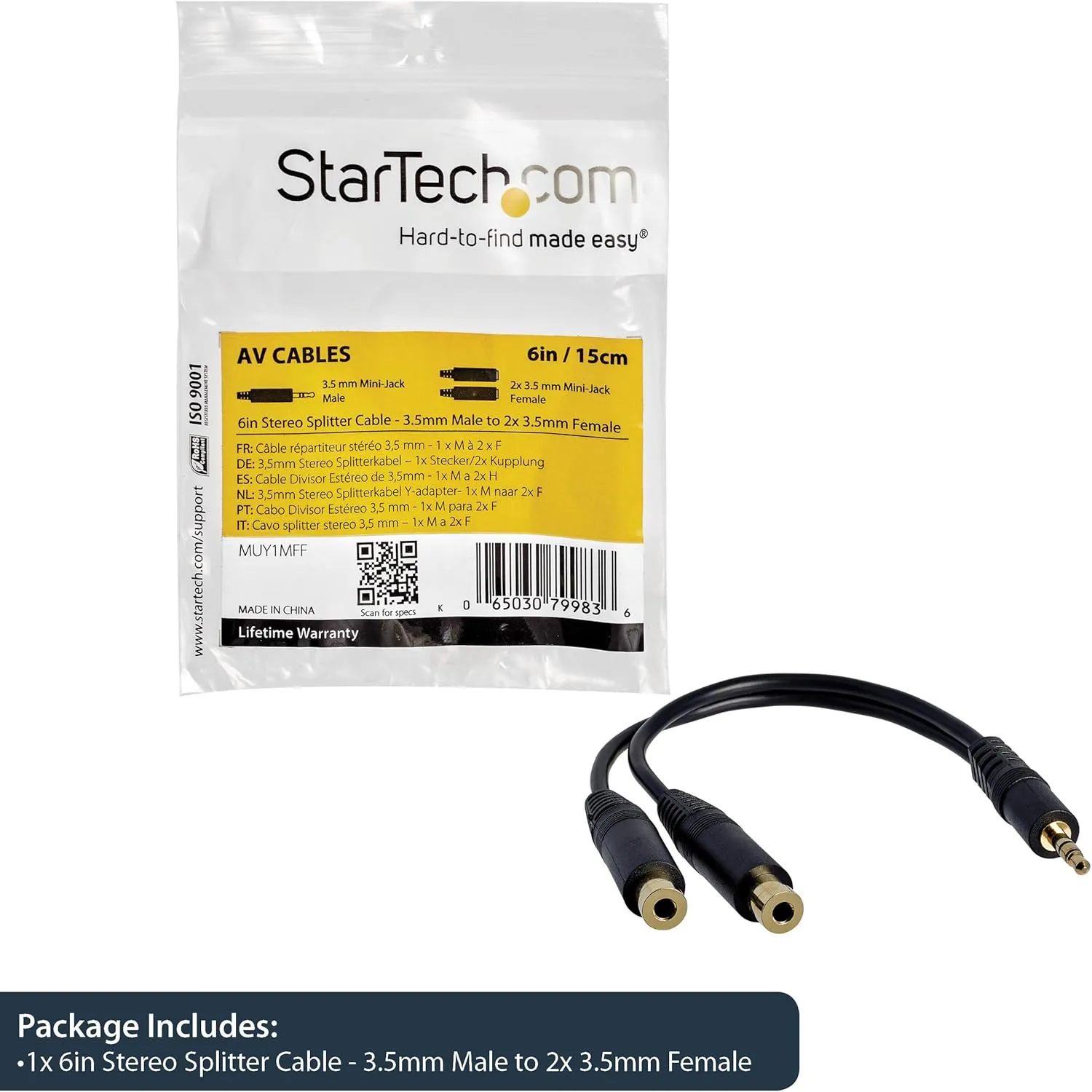 StarTech.com 3.5mm Stereo Audio Splitter Y Cable - 1 Male to 2 Female
