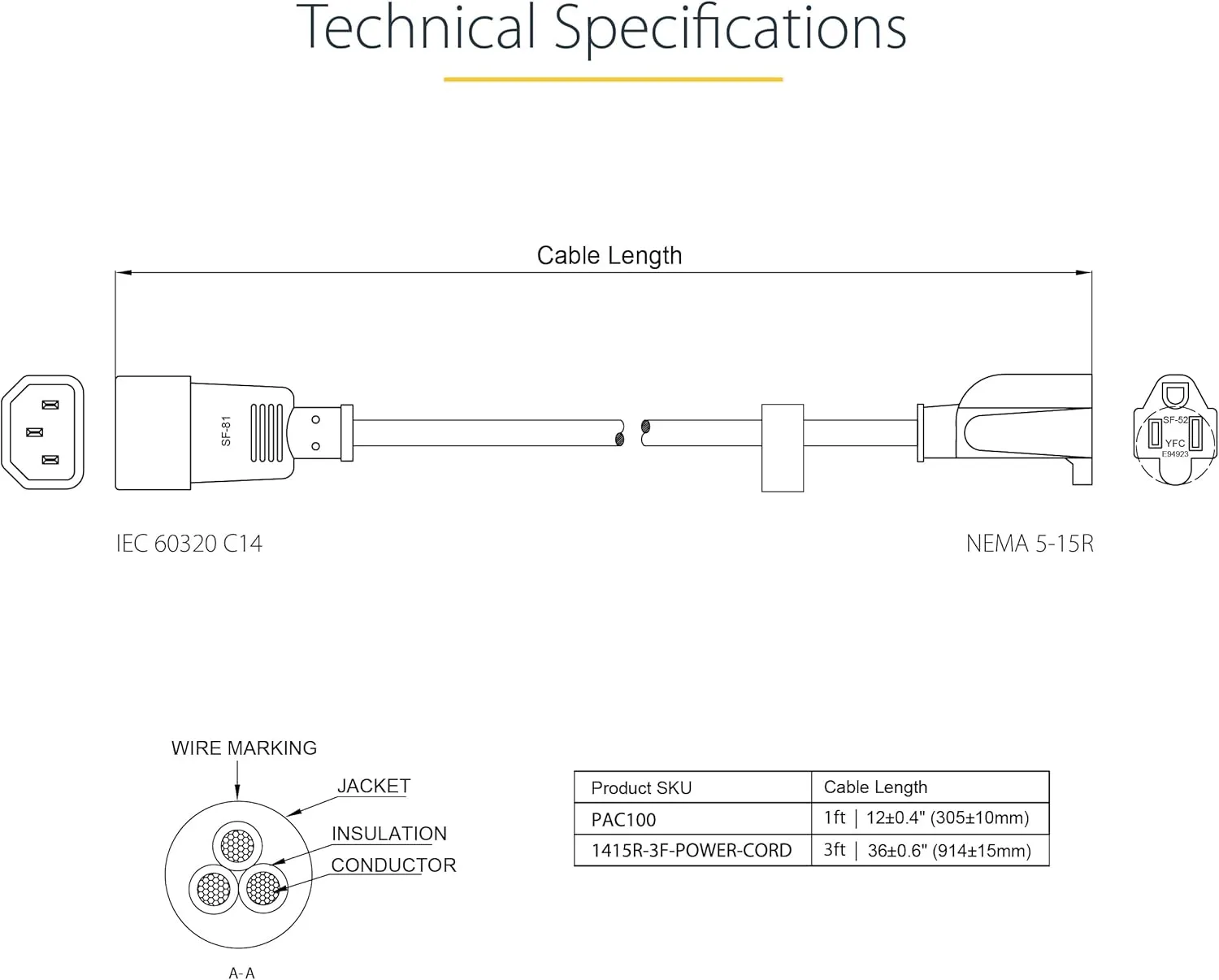 StarTech.com IEC 320 C14 to NEMA 5-15R Power Extension Cord, 18AWG 125V/10A