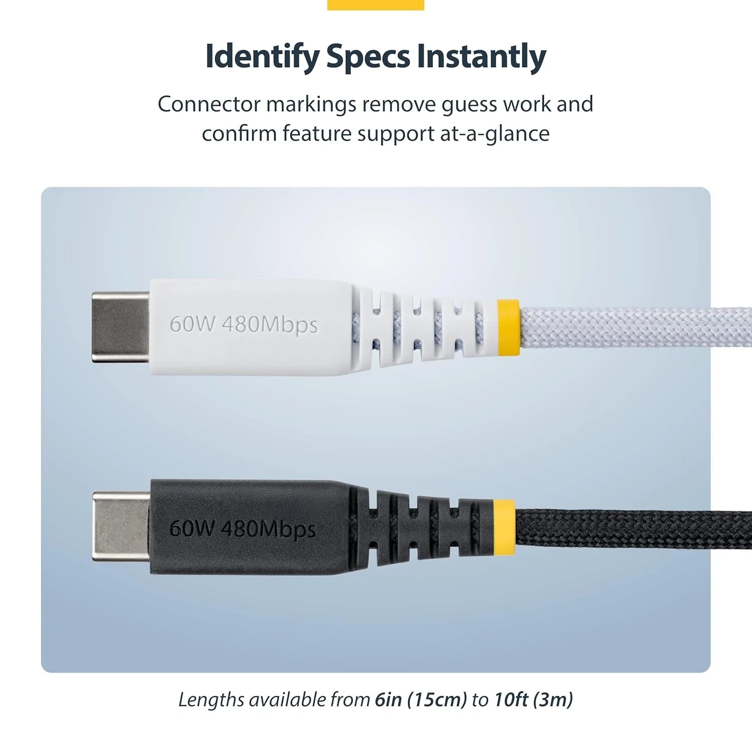 StarTech.com 10ft (3m) White USB-C Charging Cable, 60W (3A) PD, Dual-Layer Braided Nylon/TPE Jacket, Rugged USB C Charger Cord