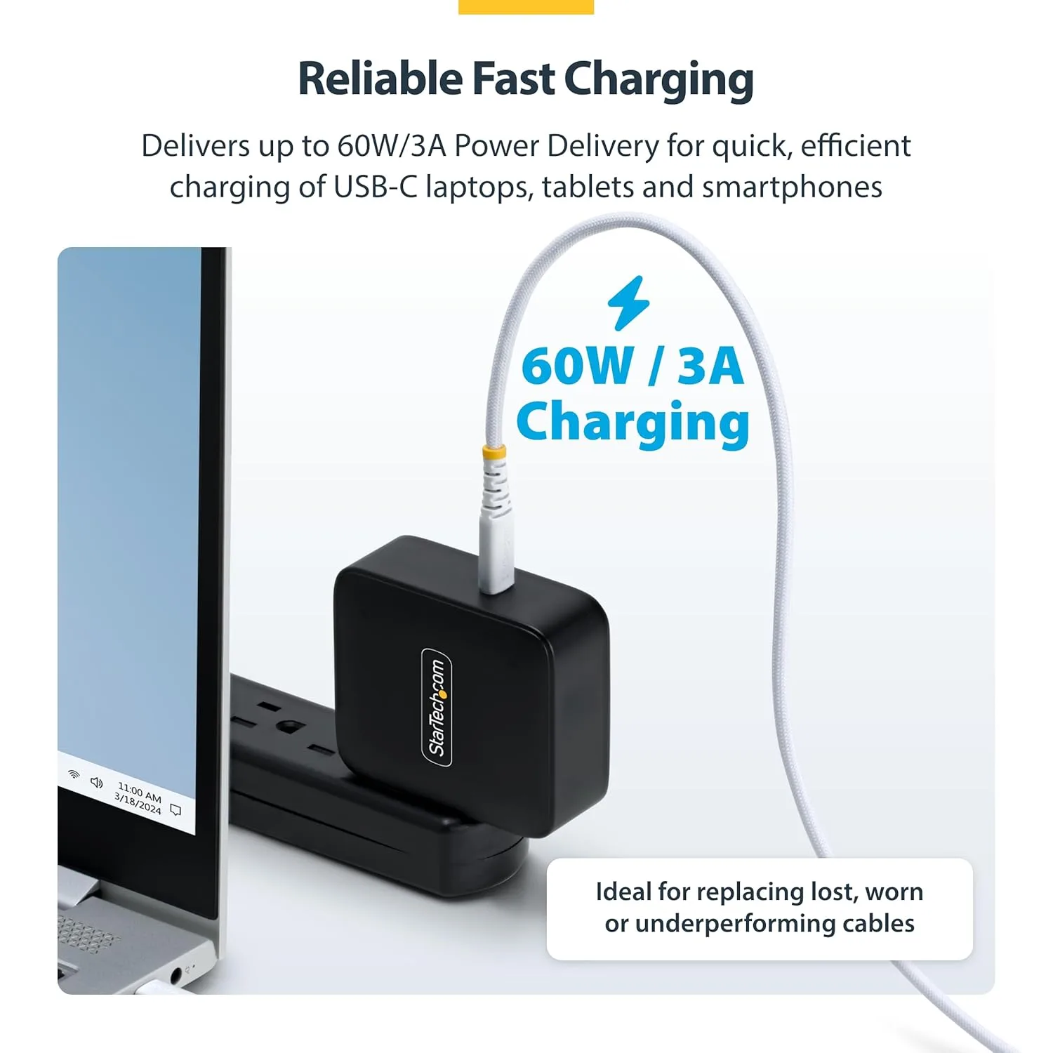 StarTech.com 1ft (30cm) White USB-C Charging Cable, 60W (3A) PD, Dual-Layer Braided Nylon/TPE Jacket, Rugged USB C Charger Cord