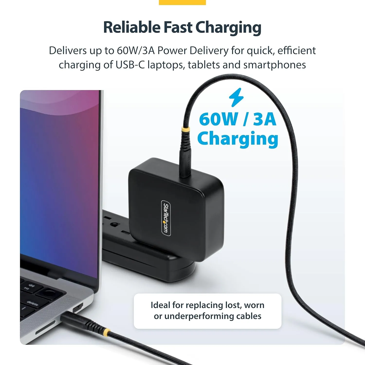 StarTech.com 6ft (1.8m) USB-C Charging Cable, 60W (3A) PD, Dual-Layer Braided Nylon/TPE Jacket, Rugged USB C Laptop Charger Cord