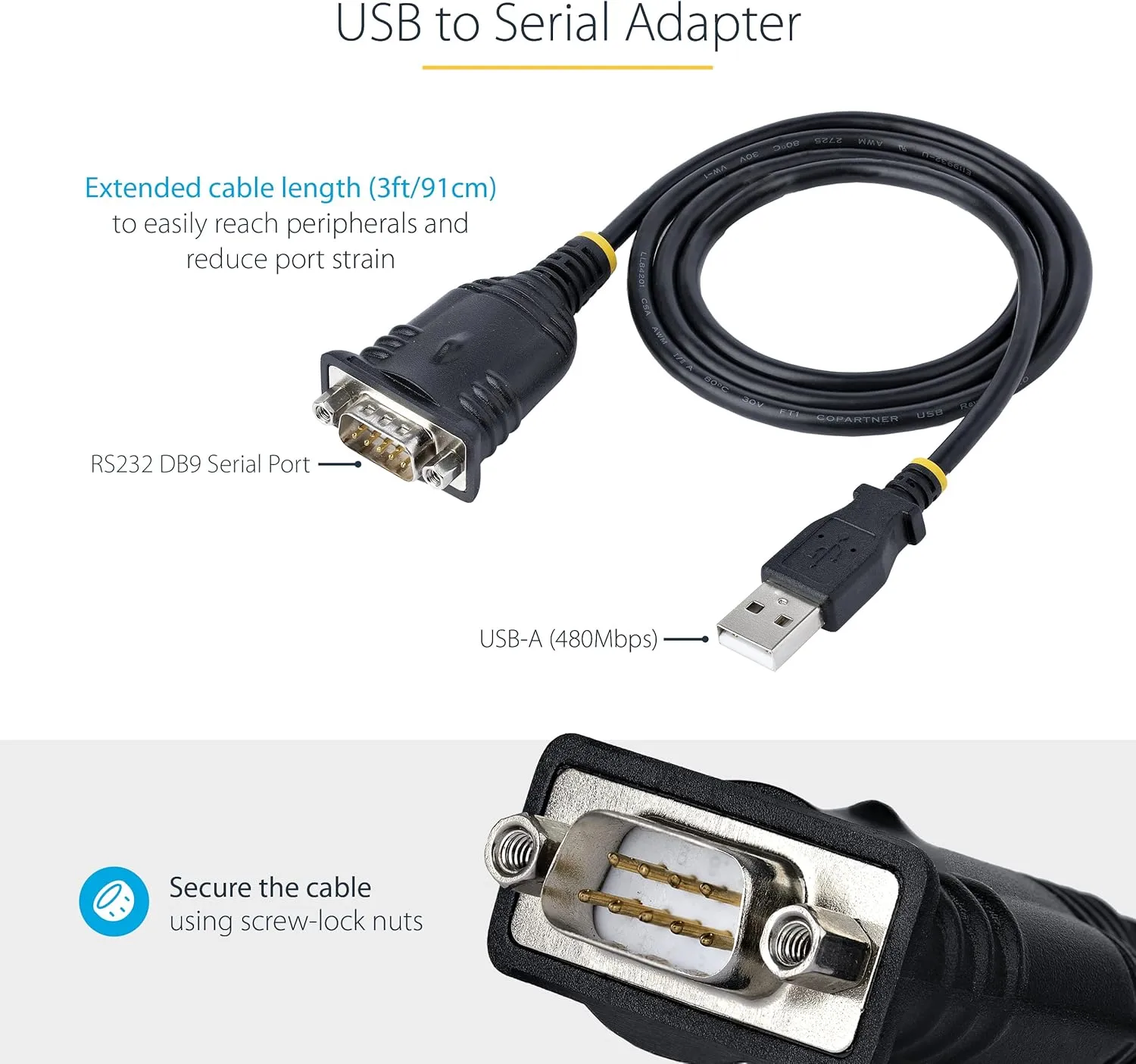 StarTech.com 3ft (1m) USB to Serial Cable, DB9 Male RS232 to USB Converter, Prolific IC (1P3FP-USB-SERIAL)