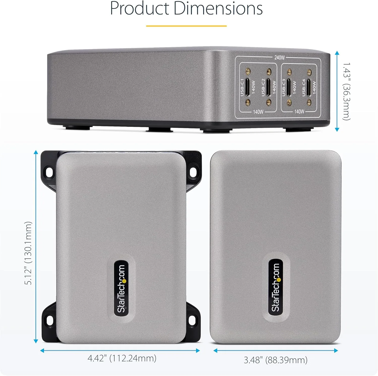 StarTech.com 4-Port Multi-Device USB-C Charger with Cable Lock and Screw-Locking 6ft (2m) USB-C Charging Cable, 240W Total