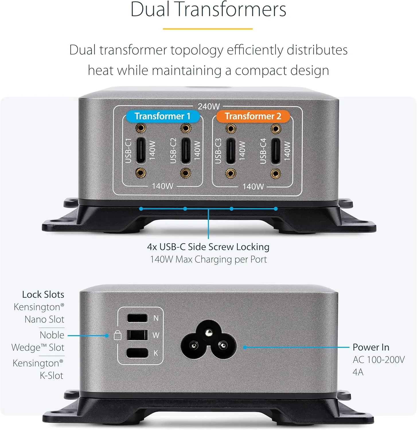 StarTech.com 4-Port Multi-Device USB-C Charger with Cable Lock and Screw-Locking 6ft (2m) USB-C Charging Cable, 240W Total