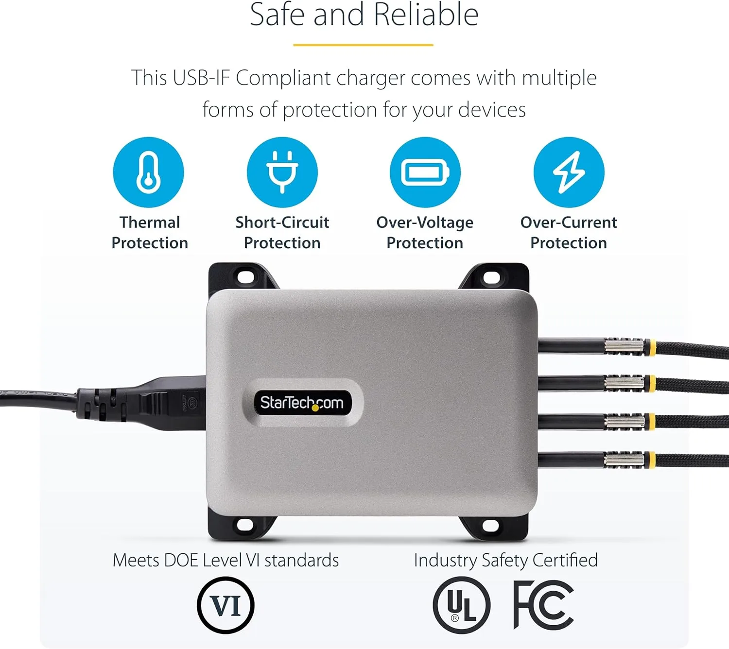StarTech.com 4-Port Multi-Device USB-C Charger with Cable Lock and Screw-Locking 6ft (2m) USB-C Charging Cable, 240W Total