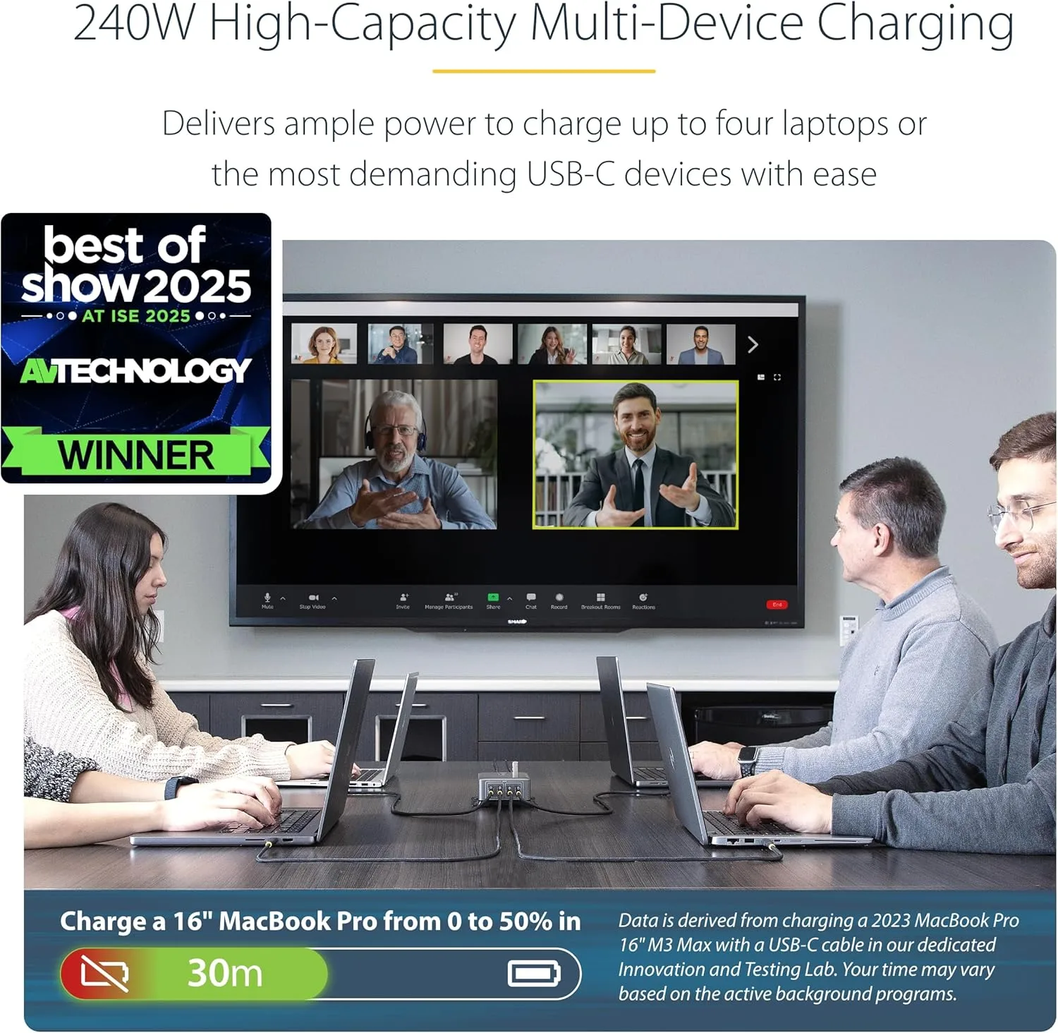 StarTech.com 4-Port Multi-Device USB-C Charger with Cable Lock and Screw-Locking 6ft (2m) USB-C Charging Cable, 240W Total