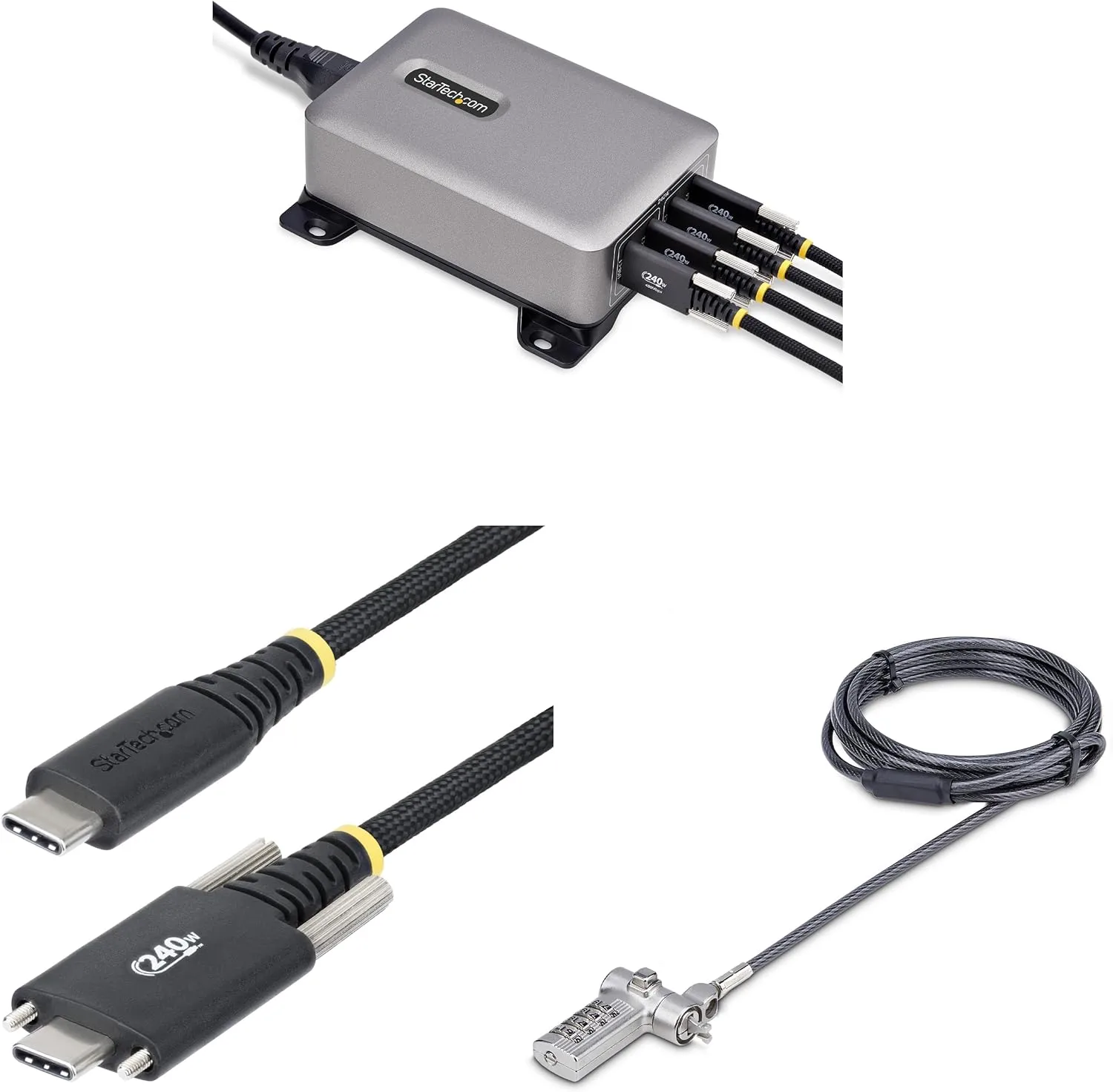 StarTech.com 4-Port Multi-Device USB-C Charger with Cable Lock and Screw-Locking 6ft (2m) USB-C Charging Cable, 240W Total