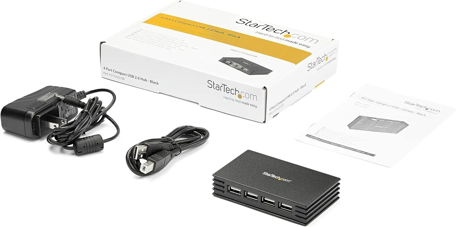 StarTech.com 4 Port Compact Black USB 2.0 Hub - Bus-powered or with Included Power Adapter - Portable Mac/PC laptop hub