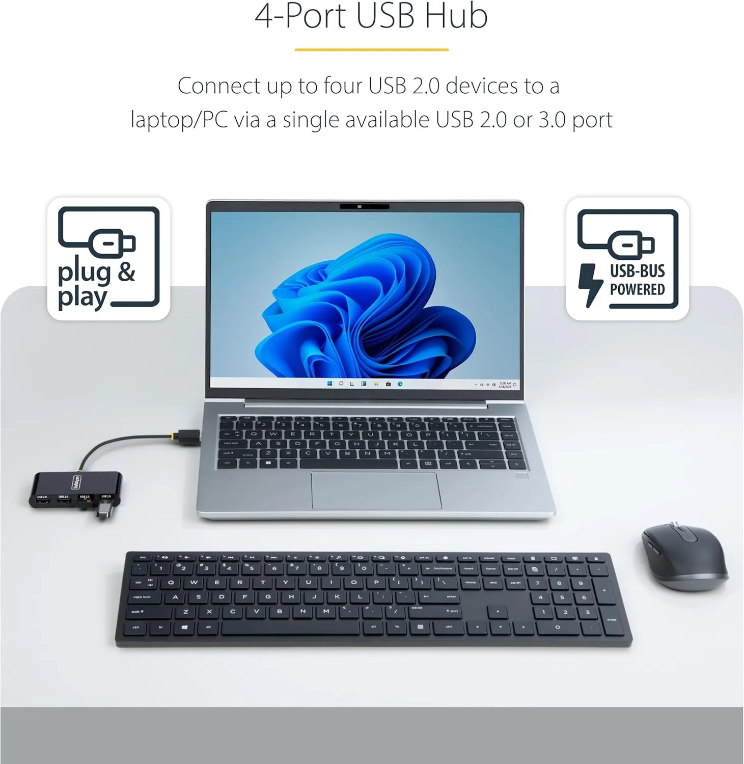 StarTech.com 4-Port USB 2.0 Hub, USB Bus Powered, Small Travel Mini USB Hub, Multi-Port USB 2.0 Splitter, Portable USB Hub