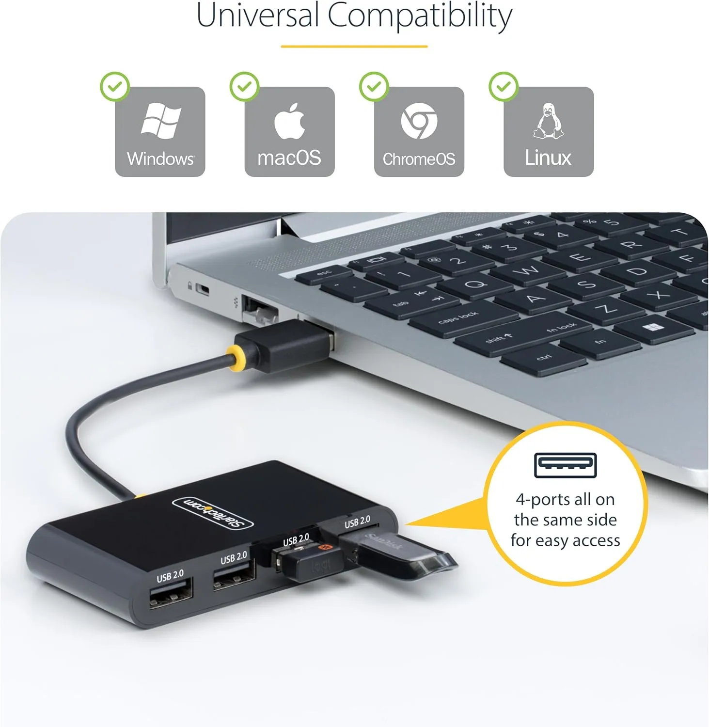 StarTech.com 4-Port USB 2.0 Hub, USB Bus Powered, Small Travel Mini USB Hub, Multi-Port USB 2.0 Splitter, Portable USB Hub